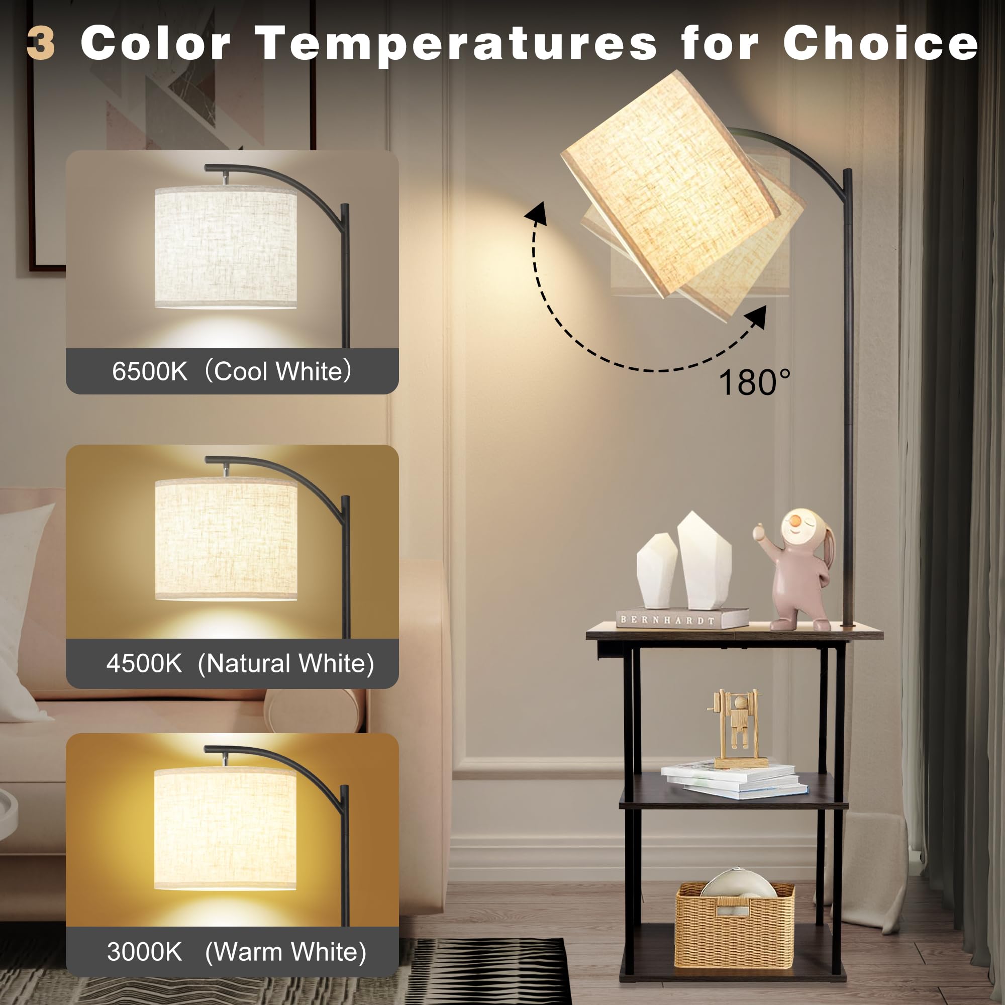 Pesrae Floor Lamp With Table, End Table With Charging Station(Usb & Type-C & Ac Port), 3 Color Temperatures 9W Led Bulb, Modern Shelves Side Table For Bedroom, Living Room