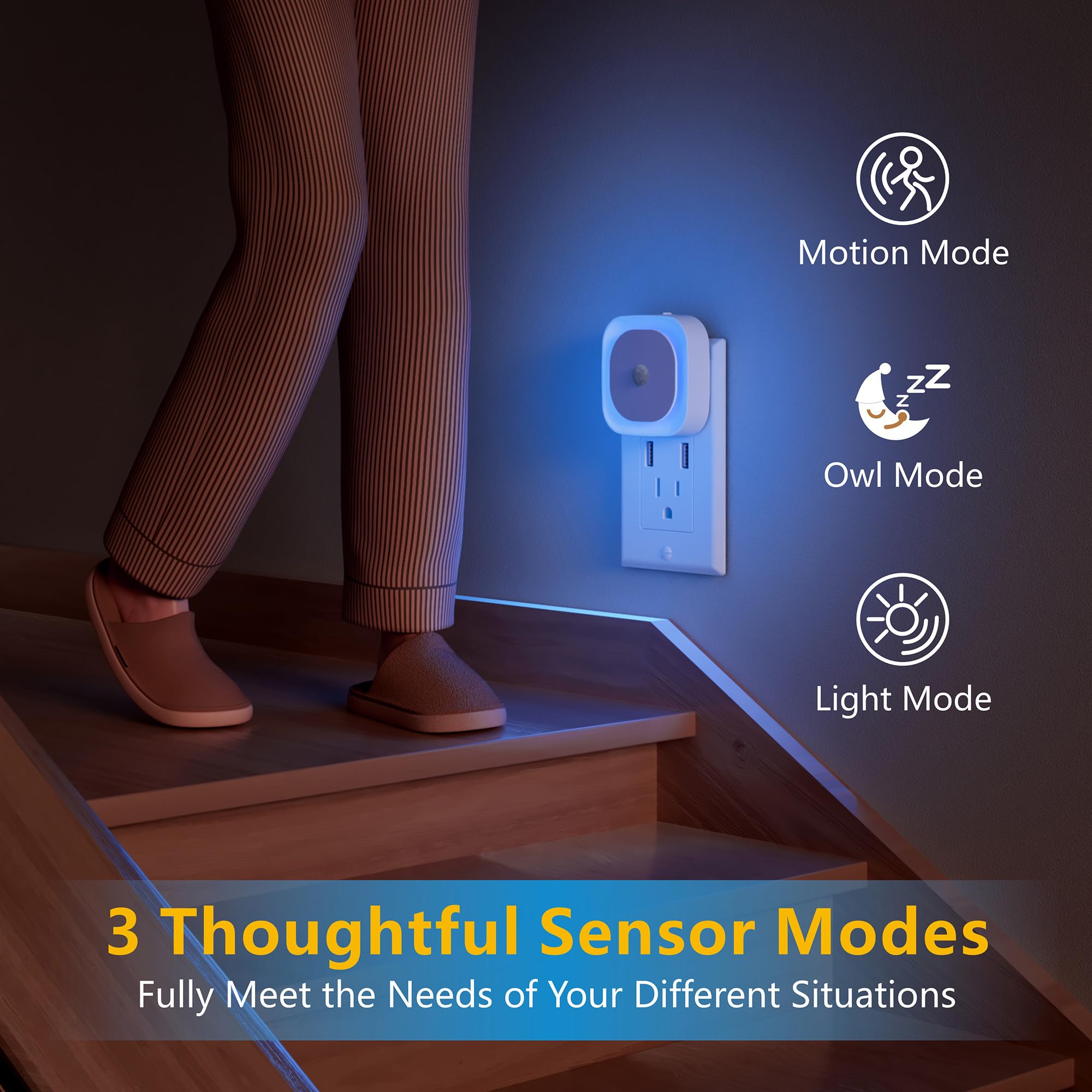 Yunlex 2 Pack Plug In Night Light With Motion Sensor & Dusk To Dawn Sensor, 3 Sensor Modes, Auto On/Off, Dimmable, Night Lights