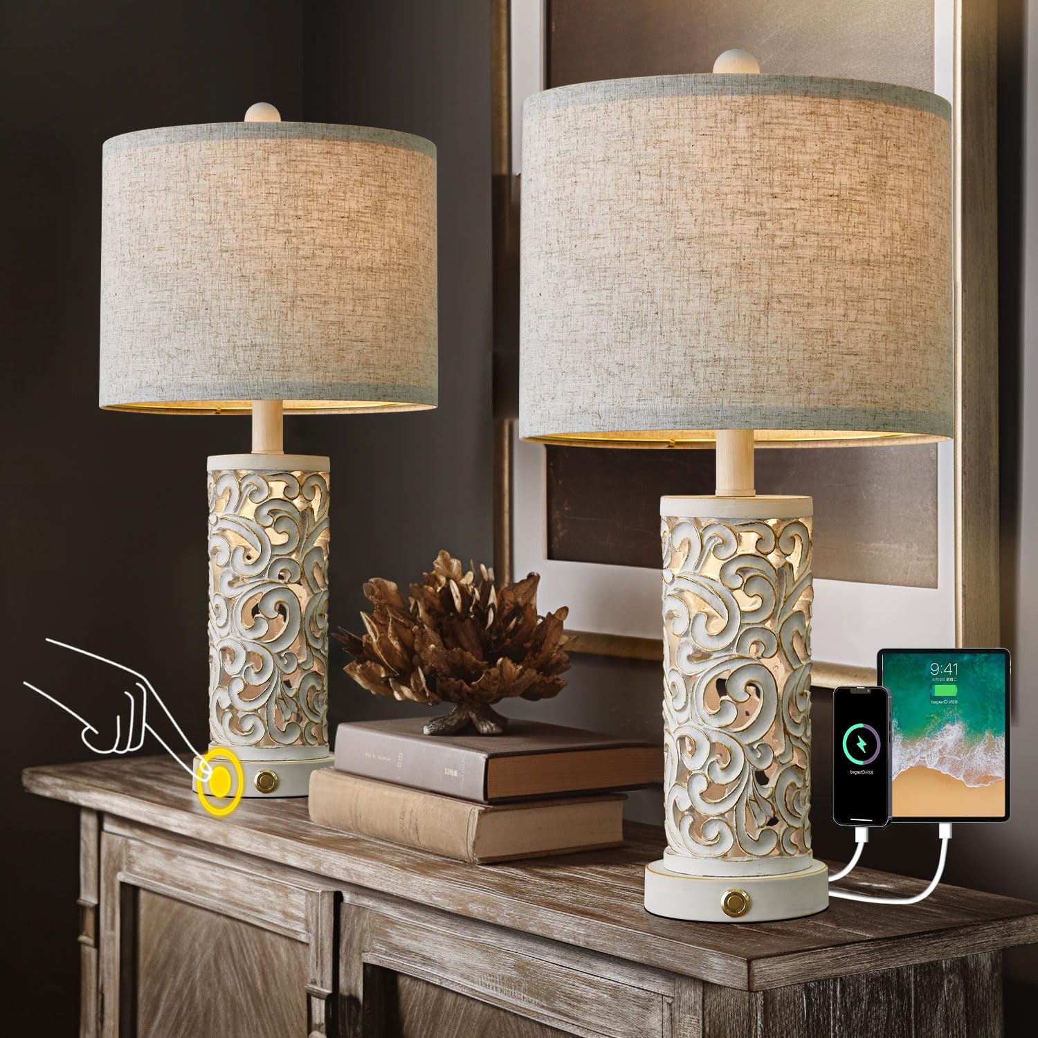 Oyears 3-Way Dimmable 22'' Table Lamp Set Of 2 For Living Room Bedroom Farmhouse Vintage Retro Bedside Lamps Touch Control With Usb Ports Linen Shade For Home Office (Wash White, Bulb Included)