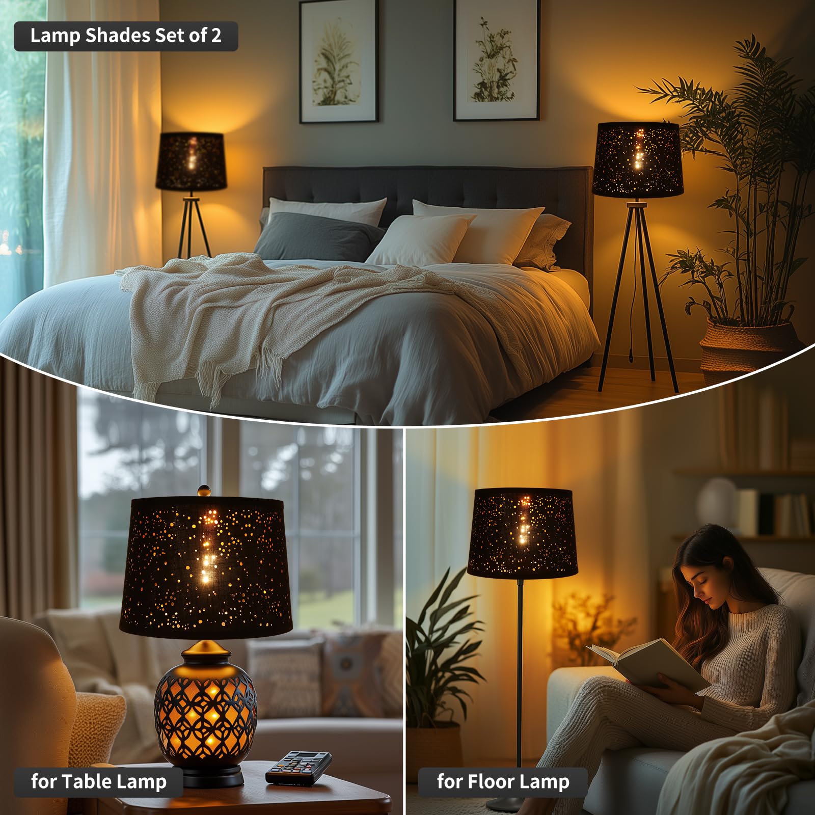 ALUCSET Drum Lampshades Set of 2, Linen, 13inx15inx11in, Starlight Black Gold, Model LLA-S2426X