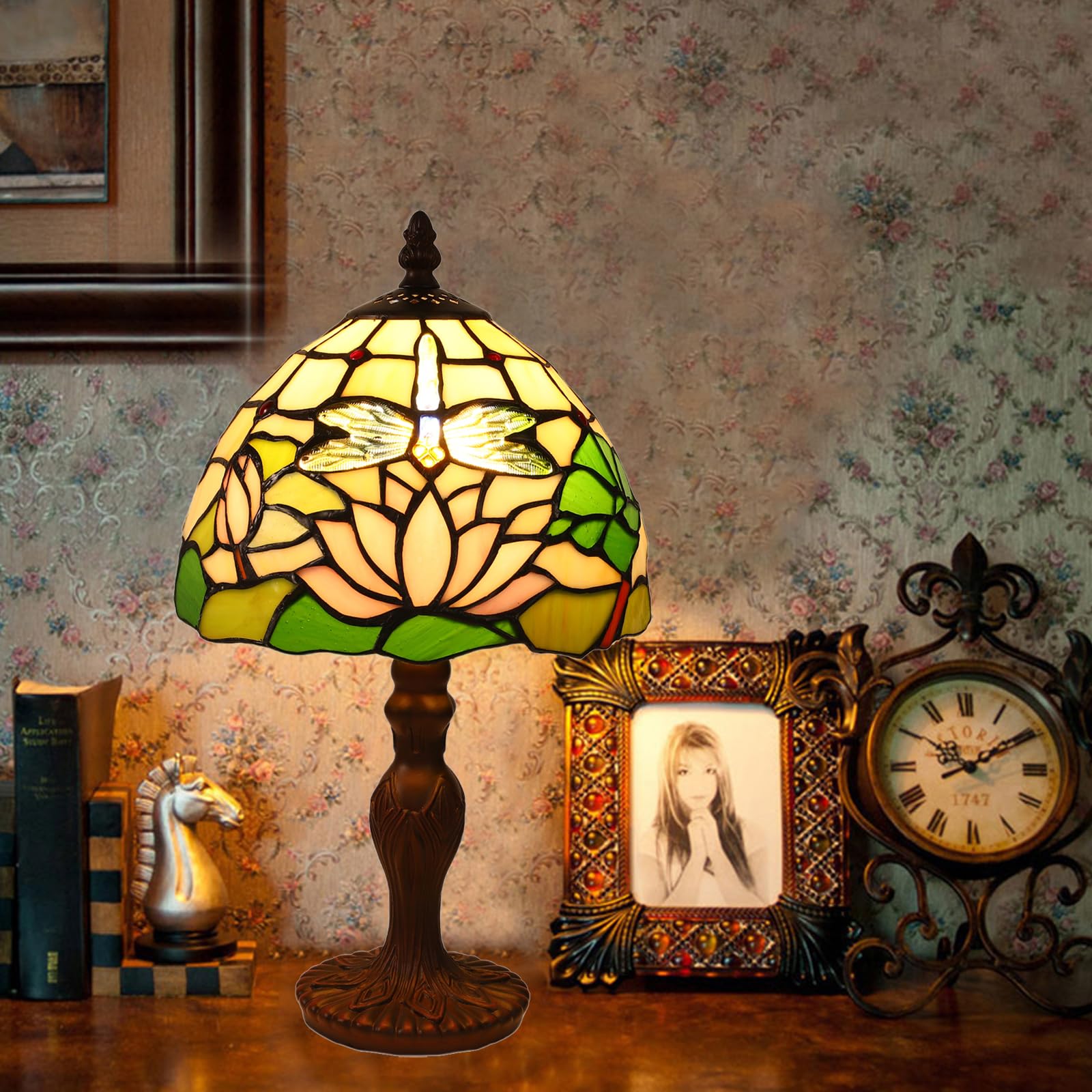 Tuomoxte Tiffany Style Table Lamp, 8 Inch Small Antique Lamp, Stained Glass Lamp, Dragonfly And Flower Pattern, For Bedside Nigh