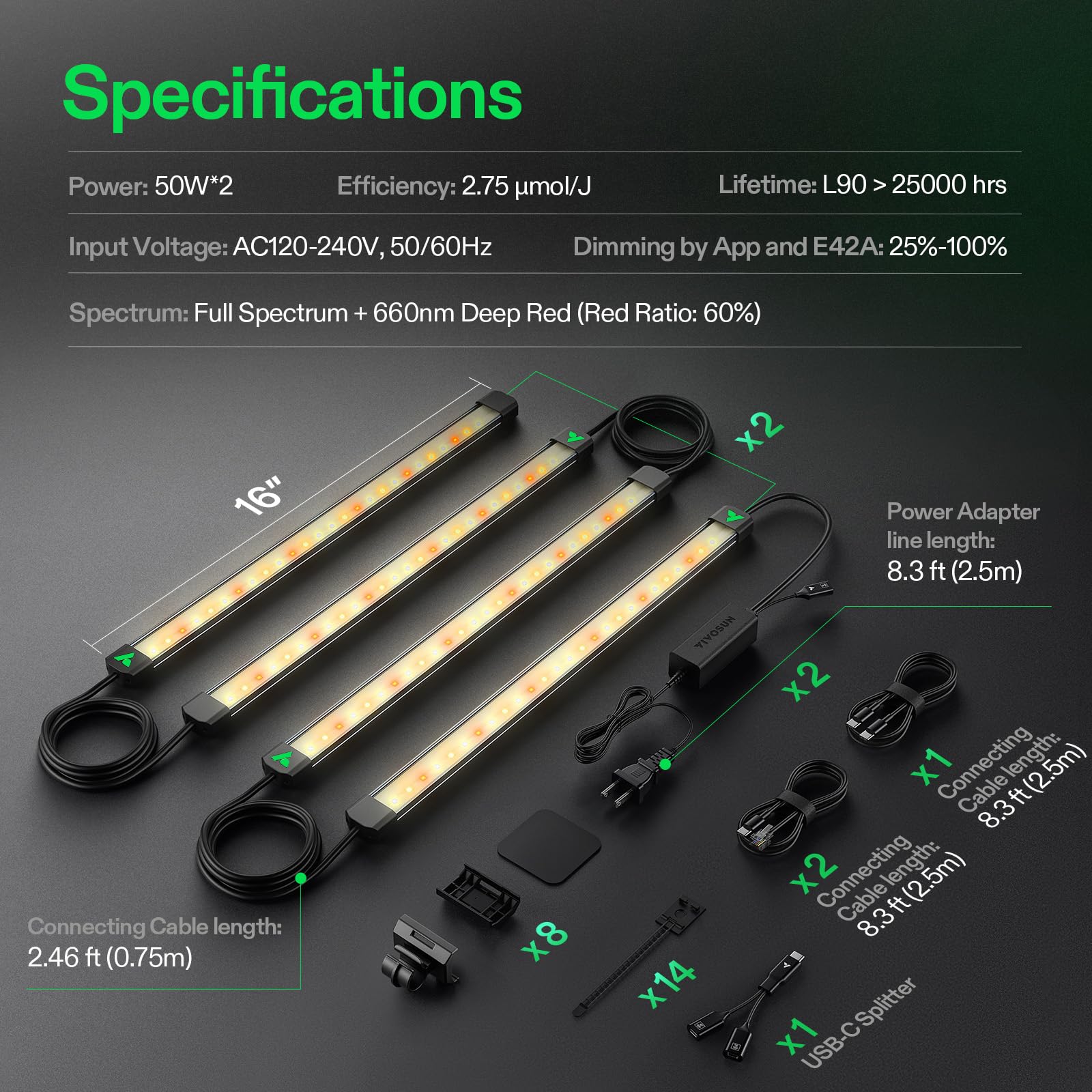 VIVOSUN LED Grow Light Bars 16” - Full Spectrum Side Lighting, 8-Pack, Gray, Aluminum, Model VSL-LRSF50-8
