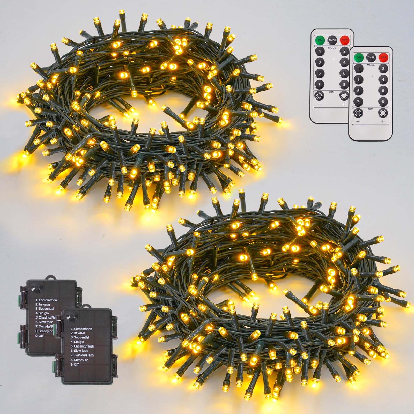 YEGUO Christmas Lights Battery Operated, 2 Pack Each 33ft 100 LED Warm White String Lights Outdoor Waterproof, 8 Modes Green Wir