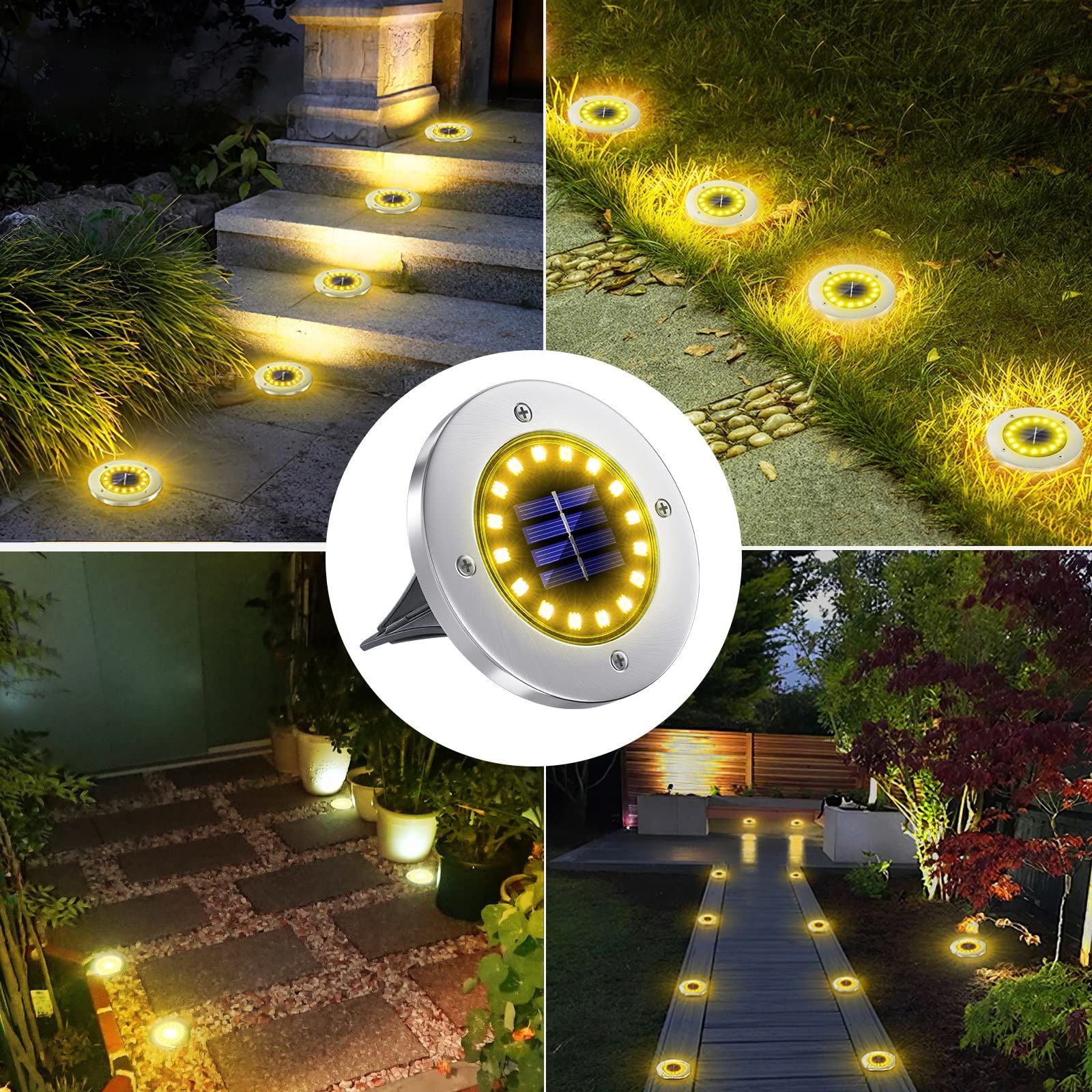 Nfesolar Solar Ground Lights - 16 Led Waterproof Disk Lights, 8-Pack, Warm White - Perfect For Pathway, Garden, And Driveway Lighting