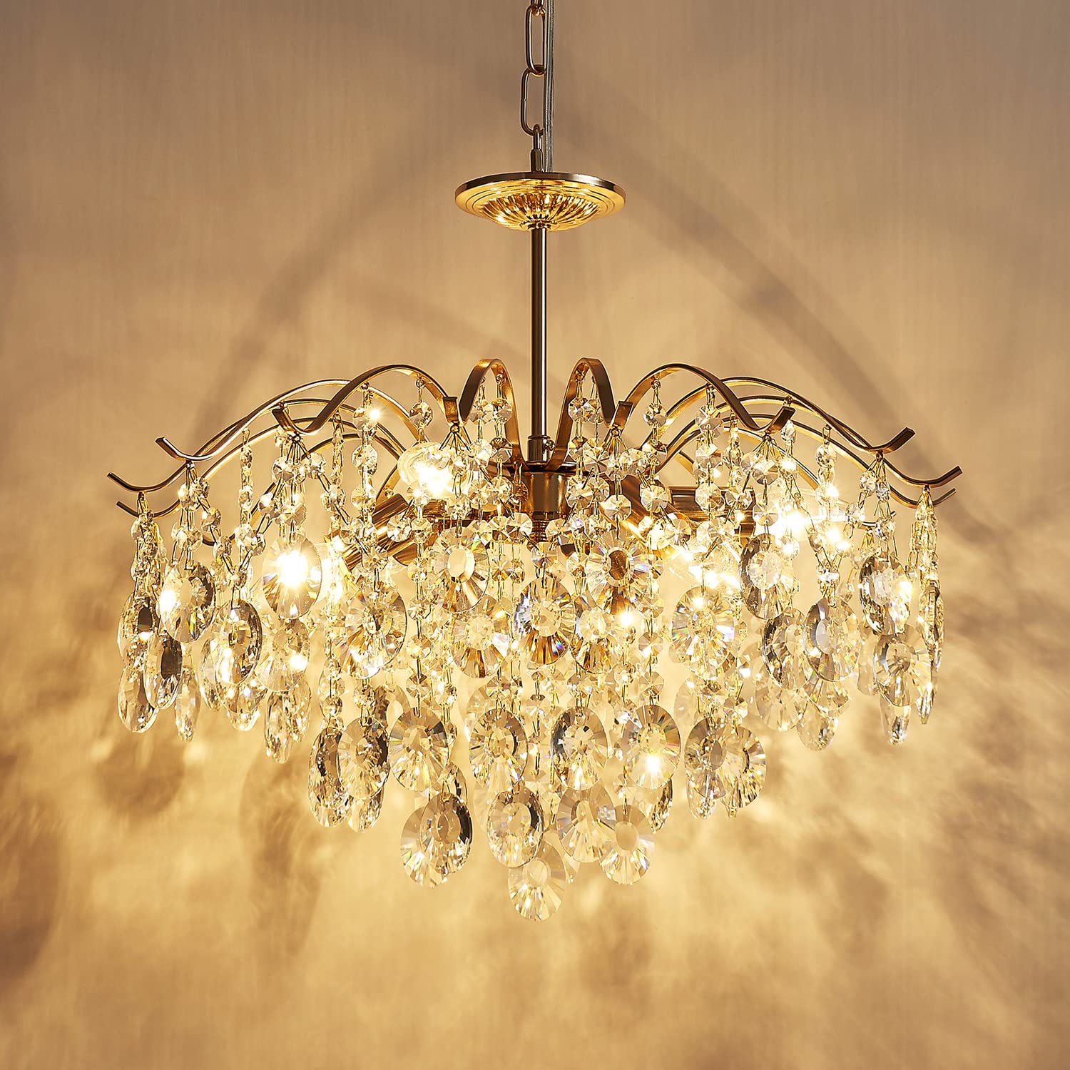 SM Saint Mossi 5-Light Gold Crystal Chandelier, Modern Pendant Light, D20 x H17, Adjustable 59" Chains, Alloy Steel, Shiny Copper Finish