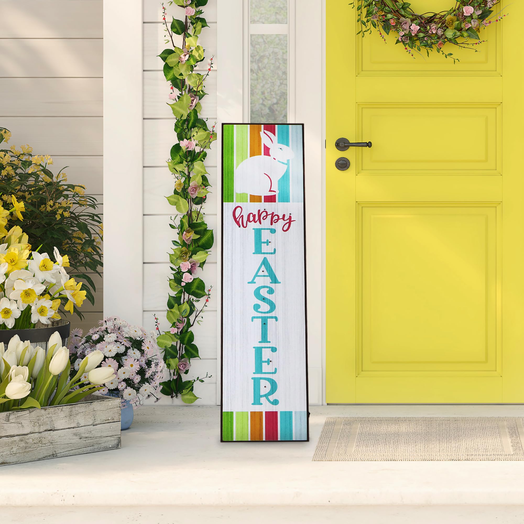 Fraser Hill Farm 45" Happy Easter Porch Leaner Sign With Bunny And 10 Battery-Operated Led Lights, Easter Decorations For The Home, Indoor & Outdoor Festive Spring Decor, Multi-Color Stripes