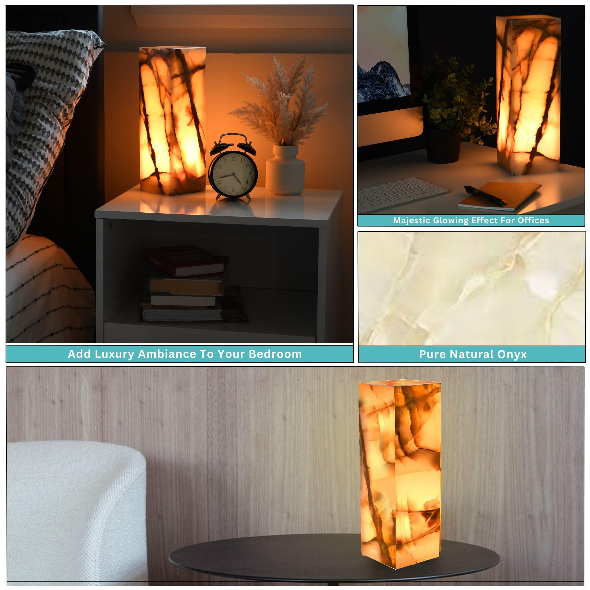 Umaid Elegant Handcrafted Onyx Marble Table Lamp, Warm Amber Glow, Relaxing Table Lamp For Office, Bedroom, Living Room, And Bedside, Includes Bulb & Dimmable Cord, Unique Home Decor Gifts (Rectangle)