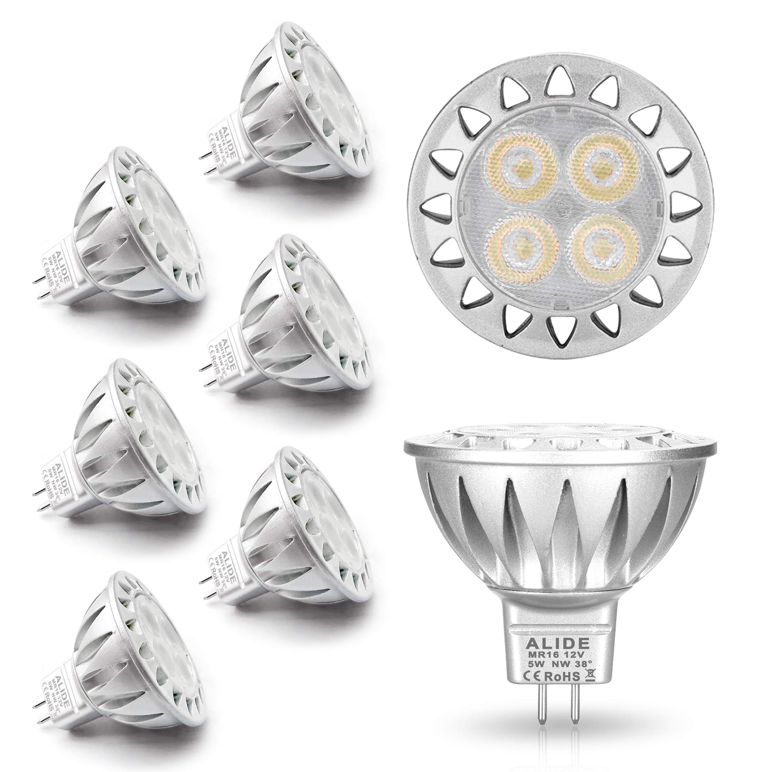 Alide Mr16 Gu5.3 Led Bulbs 5W 4000K Neutral/Natural White,20W-35W Halogen Equivalent,12V Mr16 Low Voltage Bulbs For Outdoor Land