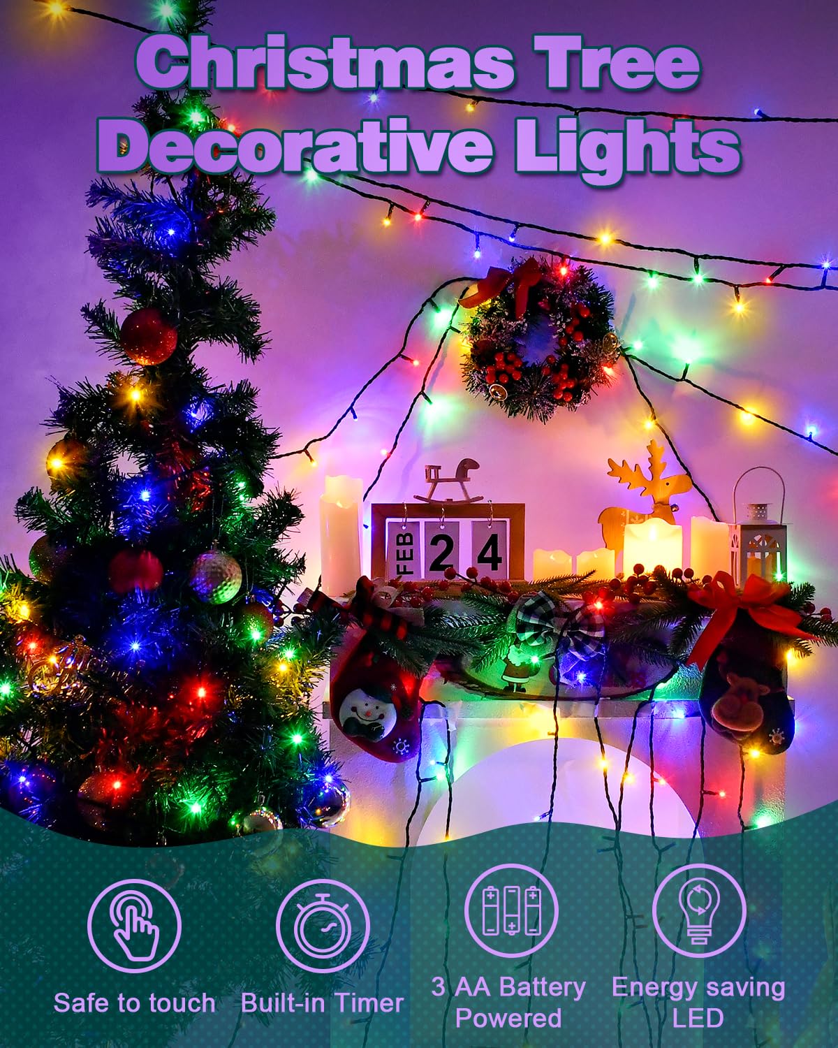 Kelumi Christmas Lights Outdoor With Timer  Battery Operated Christmas Lights 16.4Ft 50Led Christmas Decorations For Small Mini Christmas Tree Multicolor