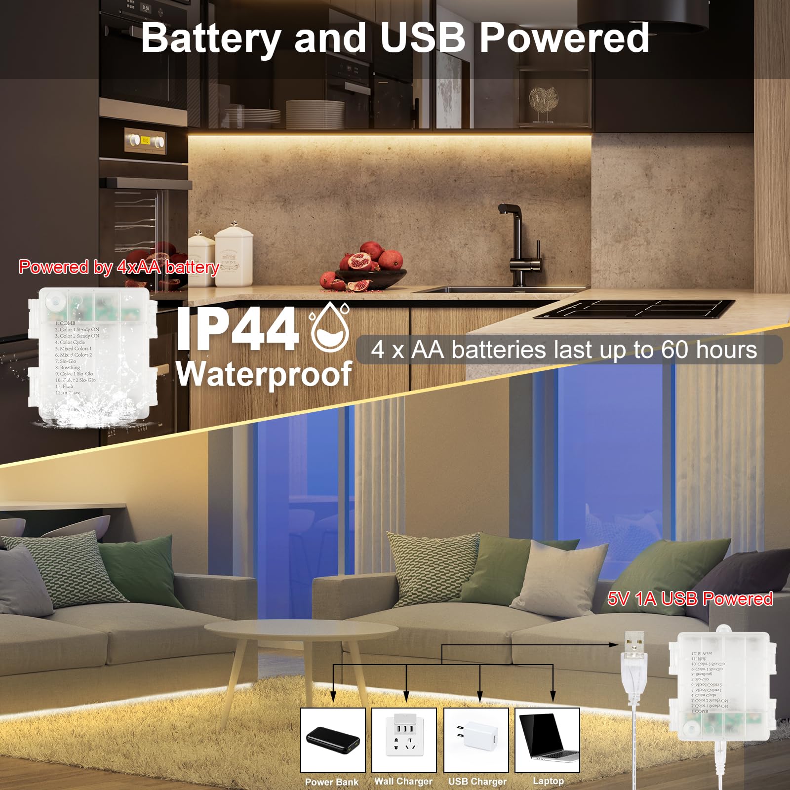 OMIKA LED Strip Lights, Waterproof, 16.5ft, 150LED, Tunable White, USB & Battery Powered, Dimmable, Warm/Cool White, Model MKR-BO