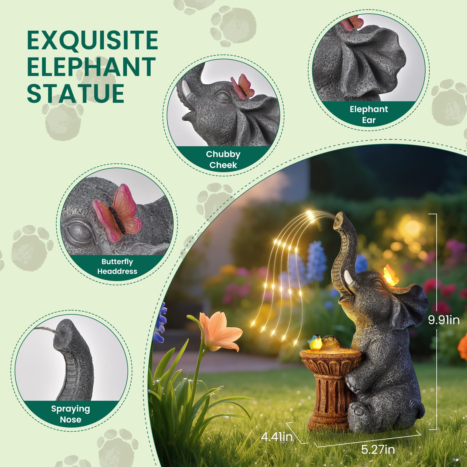 Goregent Garden Decor Watering Elephant Statue, Solar Light Ornament, 5.27x9.91x4.41in, Gray, Resin