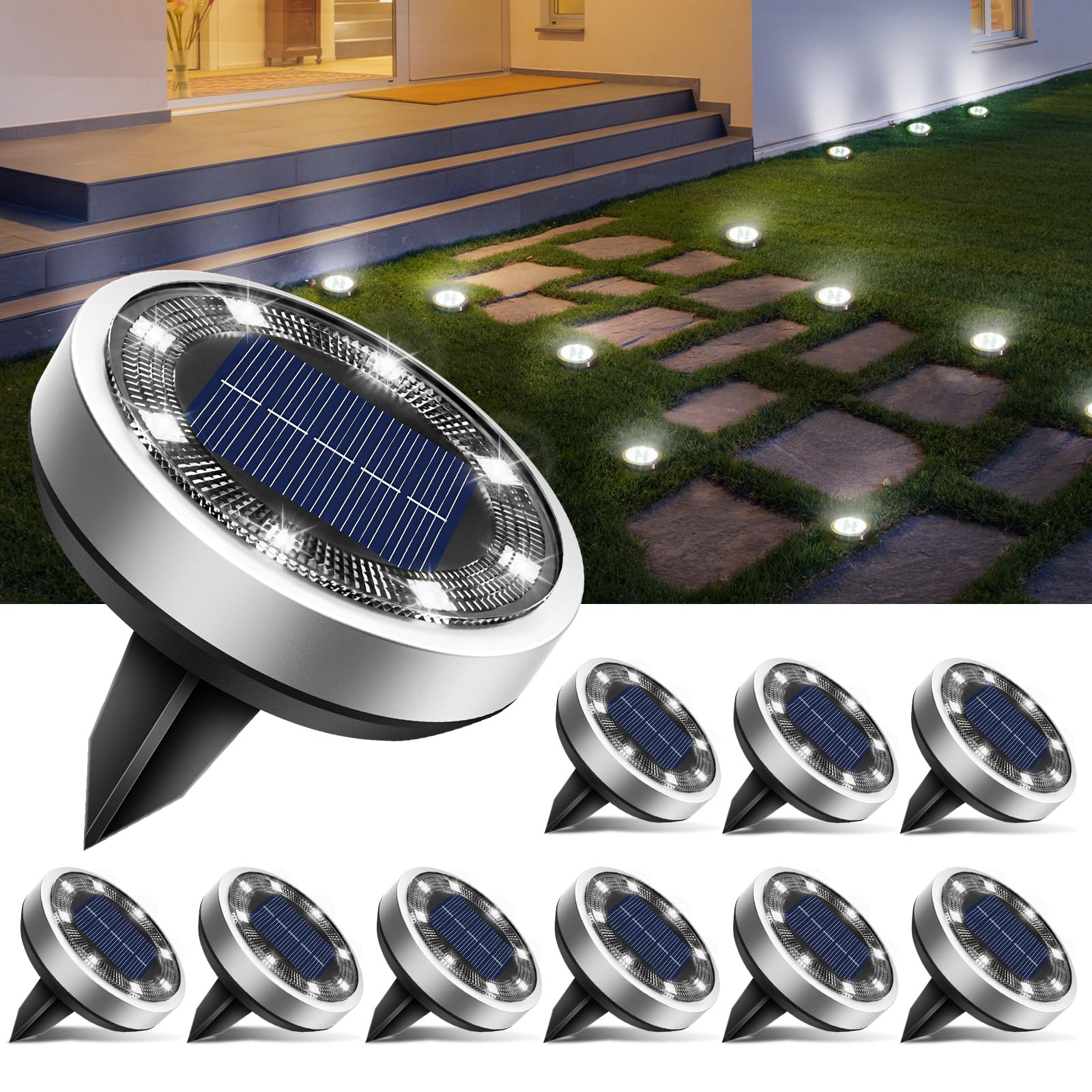 btfarm Solar Ground Lights 10 Pack, 8 LED IP65 Waterproof Flat Pathway Lights, Cool White, Model DC-CD915