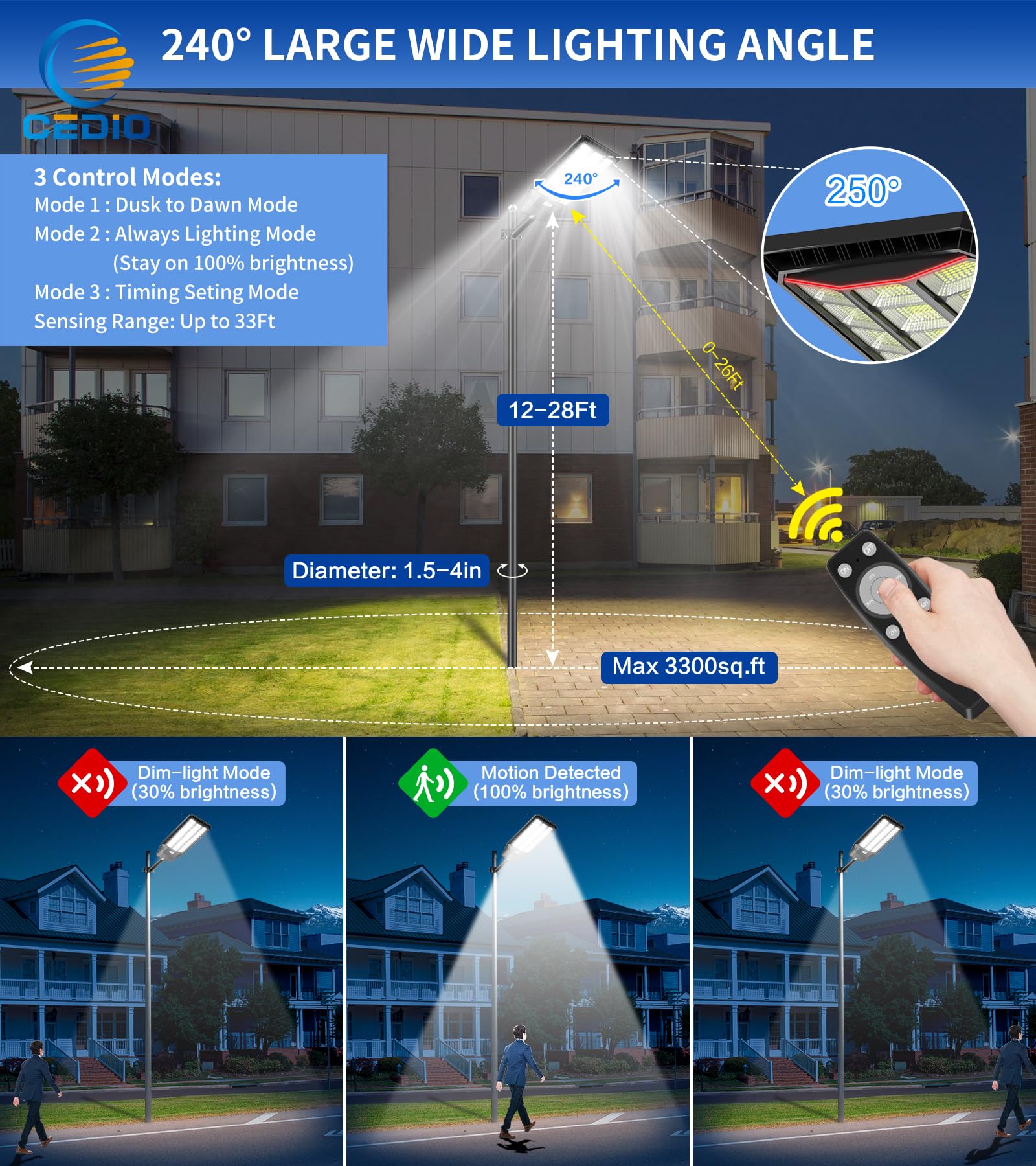 CEDIO Outdoor Solar Street Lights, Solar Lights IP66 Waterproof LED Street Light Dusk to Dawn, Flood Light with Motion Sensor fo