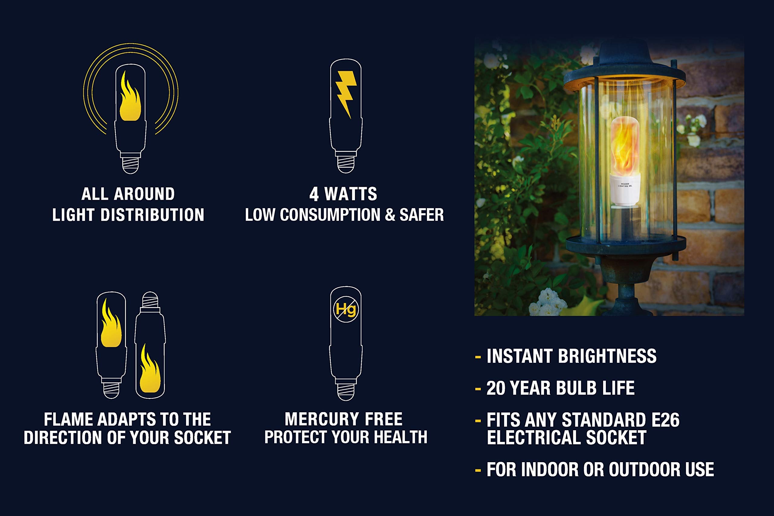 HoogaLife E26 LED Flame Light Bulbs, Warm Flickering Effect, 2 Pack, Copper, Ideal for Indoor & Outdoor Holiday Decorations