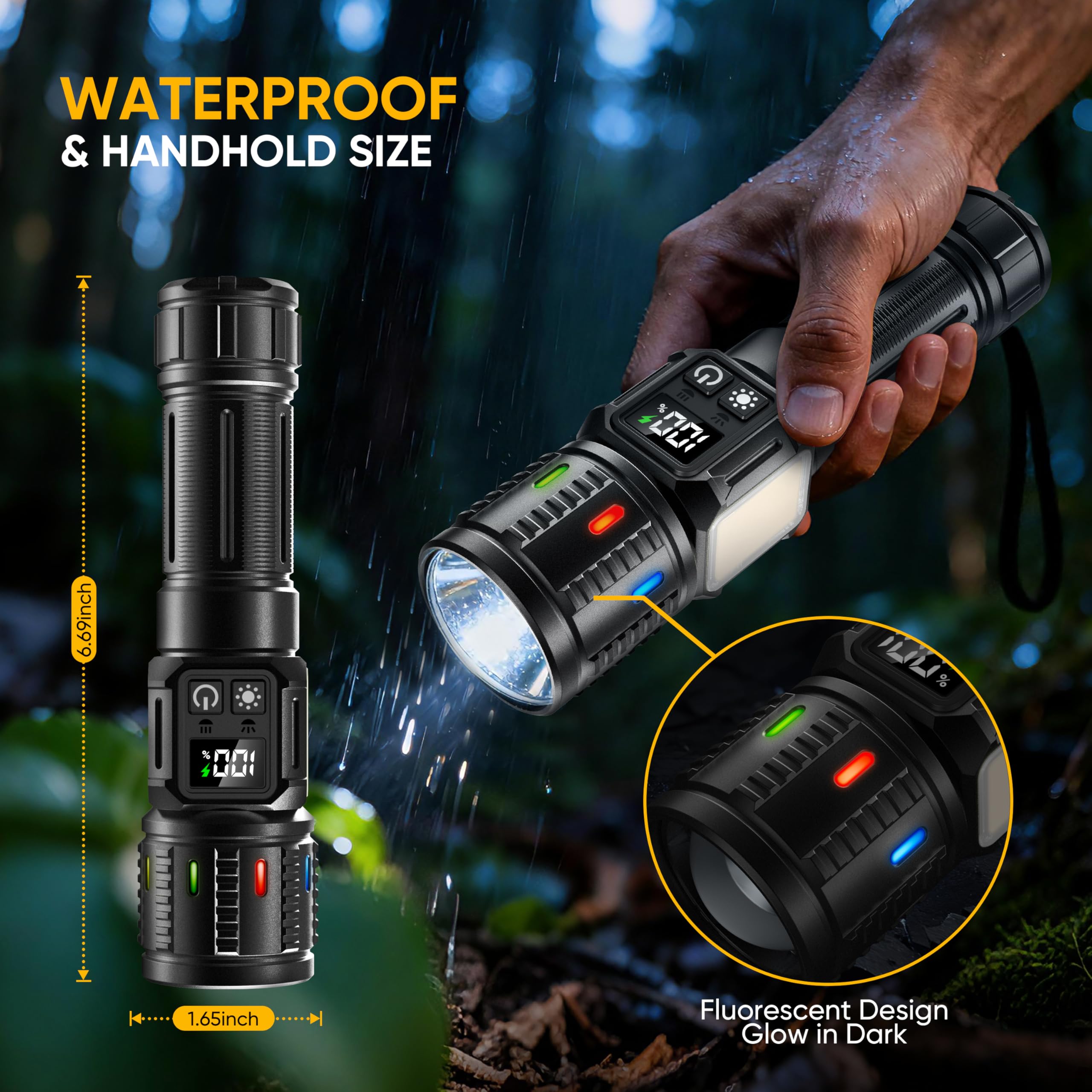 lesusnicy Rechargeable Flashlight 10000 Lumens LED, USB C, Black, Model LES06A, Dual Light Source, Ideal for Camping and Emergencies