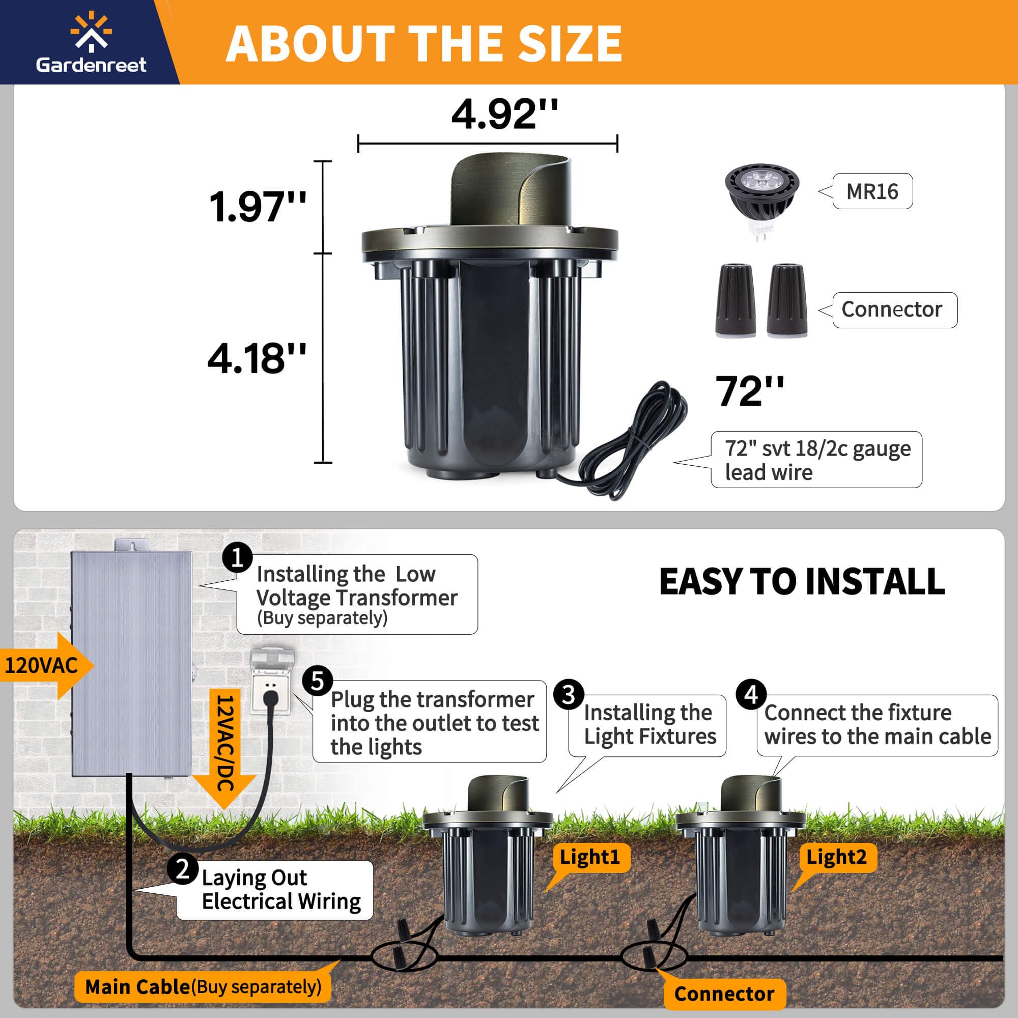 Gardenreet Low Voltage Outdoor Well Light - Brass All Weather 12V Low Voltage In Ground Lighting, Led Wired Fixture, Antique Bro