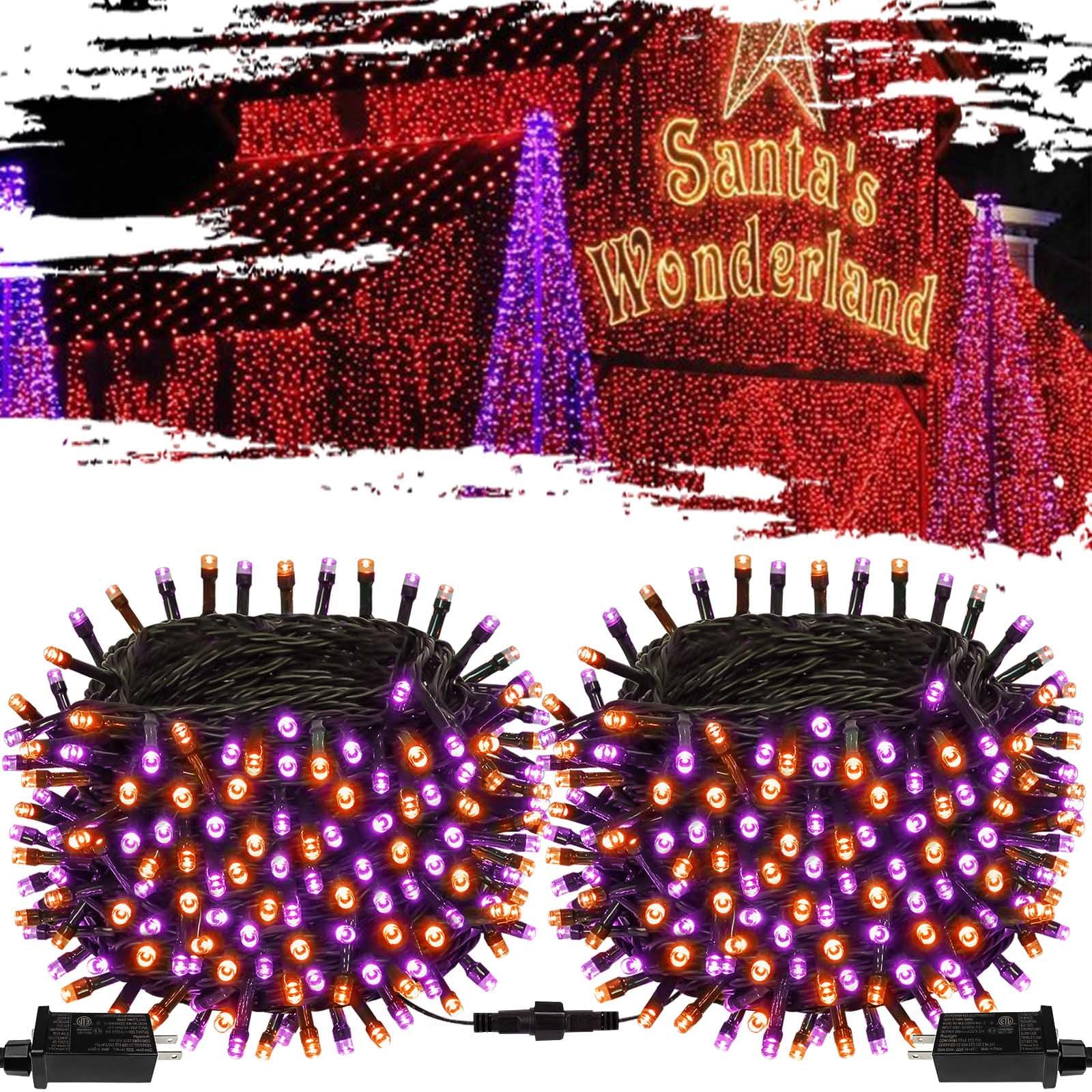 Purple and Orange Halloween Lights 2pack 164ft 400 Led Extendable Waterproof 8 Modes, Bright Indoor/Outdoor String Lights, Hallo