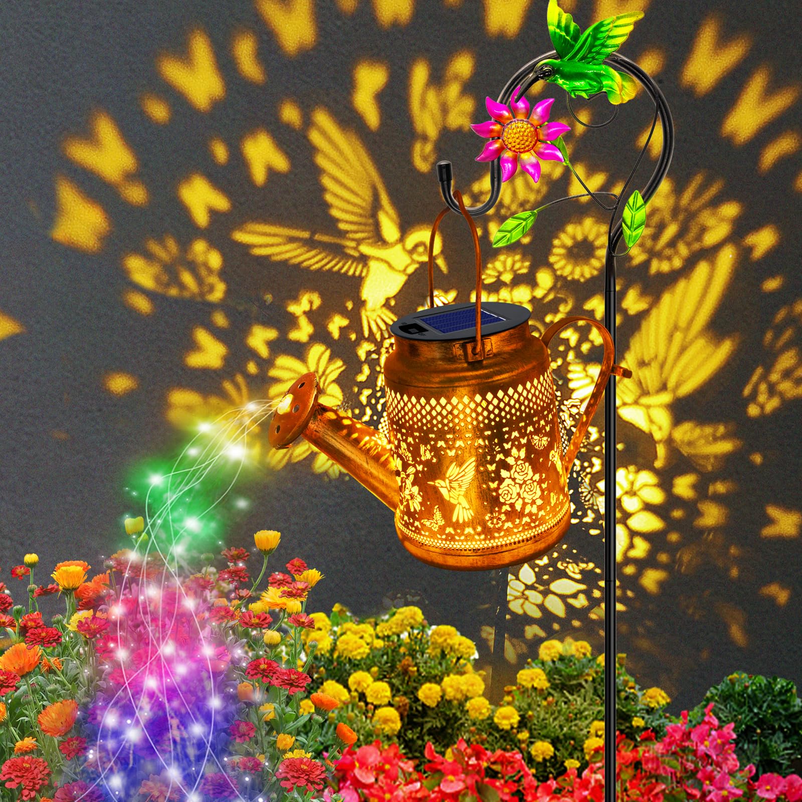 2 Pack Solar Lanterns Outdoor Waterproof Hummingbird Watering Can Garden Decor Hanging Solar Path Lights Yard Art Outside Patio Decorations Gardening Birthday Gifts For Mom Grandma Women (With Hook)