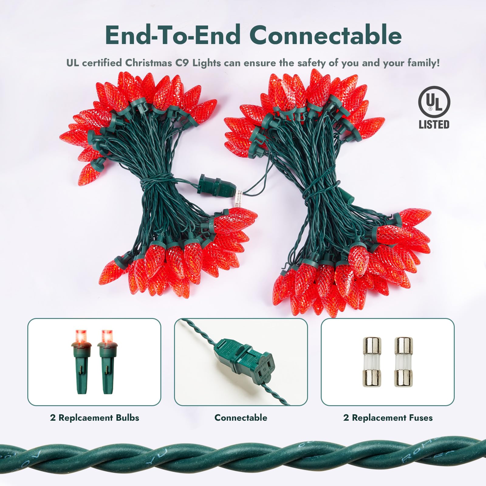 Dirnun C9 Led Christmas Lights Outdoor Christmas Decorations Commerical Grade 50Led 33Ft Christmas Tree Lights Set For Indoor Ou