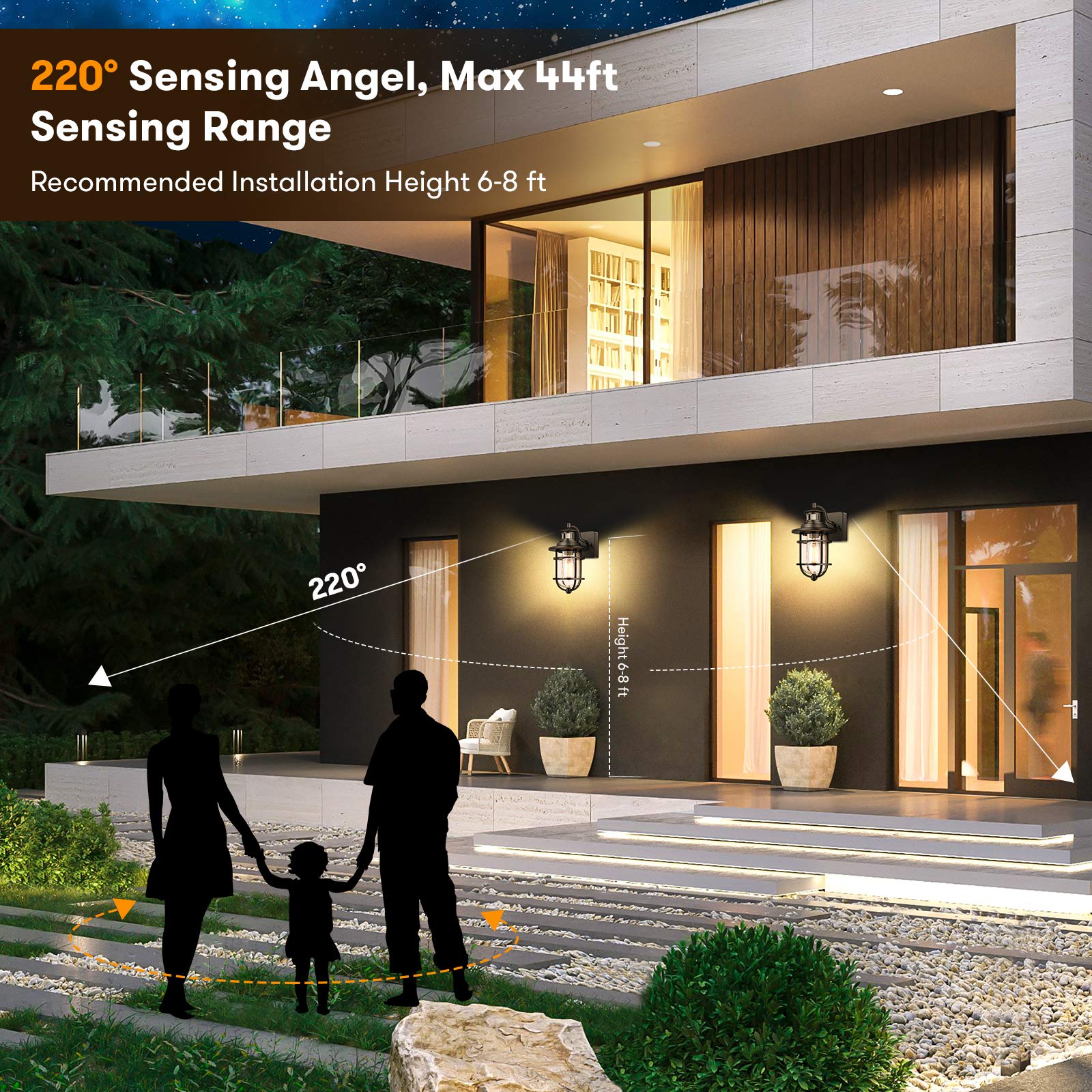 Bosceos Motion Sensor Outdoor Wall Lantern, Black Metal Sconce, Dusk to Dawn, E26 Socket, Waterproof, Model B06046PG, 1 Pack