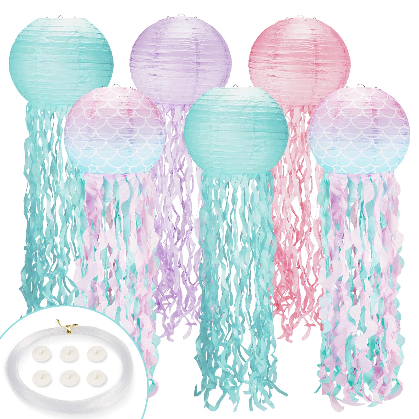 Jellyfish Paper Lanterns 6Pack,10 Inch Mermaid Birthday Decorations Mermaid Scales Pink Lavender Blue with String and Hooks,Hang