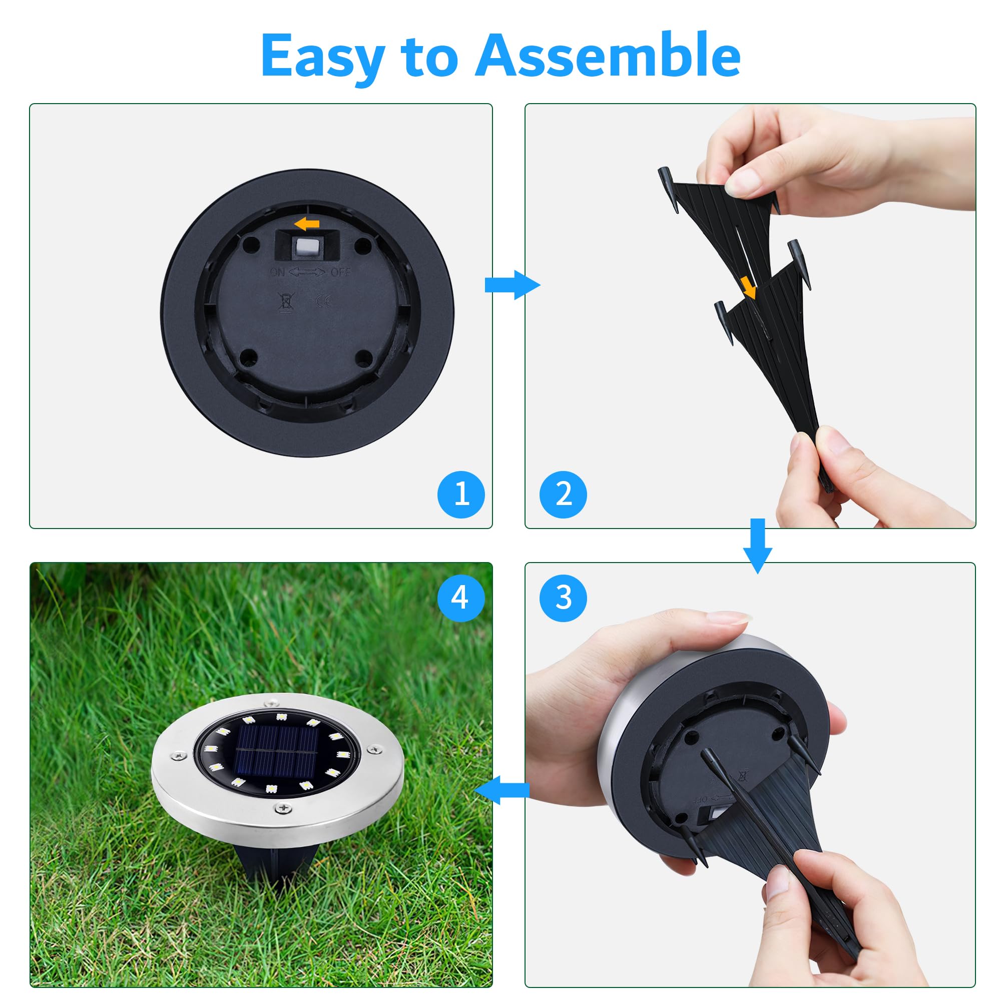 Biling Solar Ground Lights, 12 Pack, 12 LEDs, Waterproof, Stainless Steel, Warm White, Model BS2412