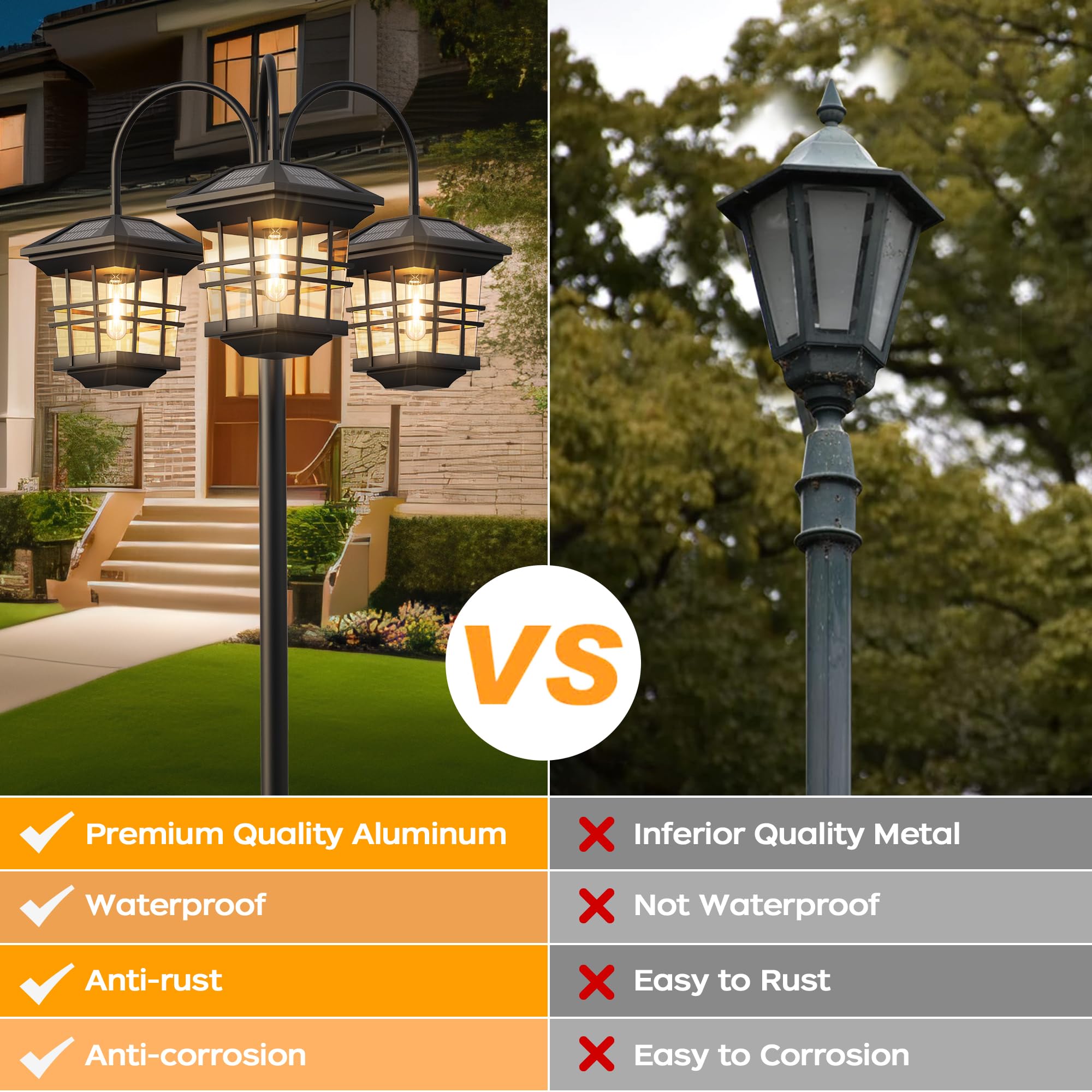 PARTPHONER 76in Classic Black Solar Lamp Post - 3-Head Waterproof Outdoor Street Light, LED Bulbs Included, Model PAPO033AB1