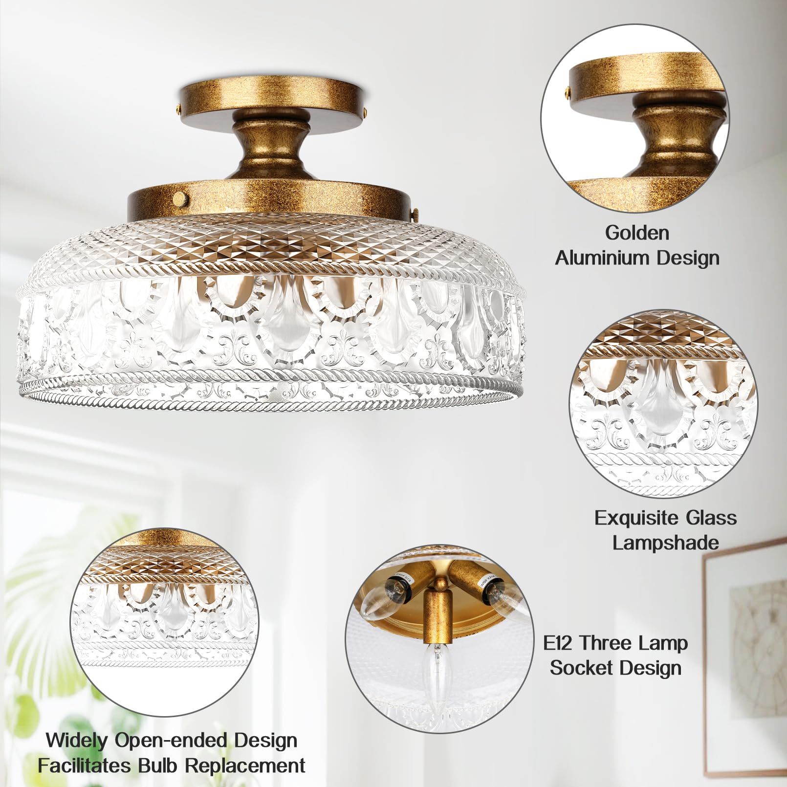 Lamomo Semi Flush Mount Ceiling Light, 3-Bulb Hallway Light Fixture, Antique Brass Gold Globe Glass Close To Ceiling Scone,Indoo