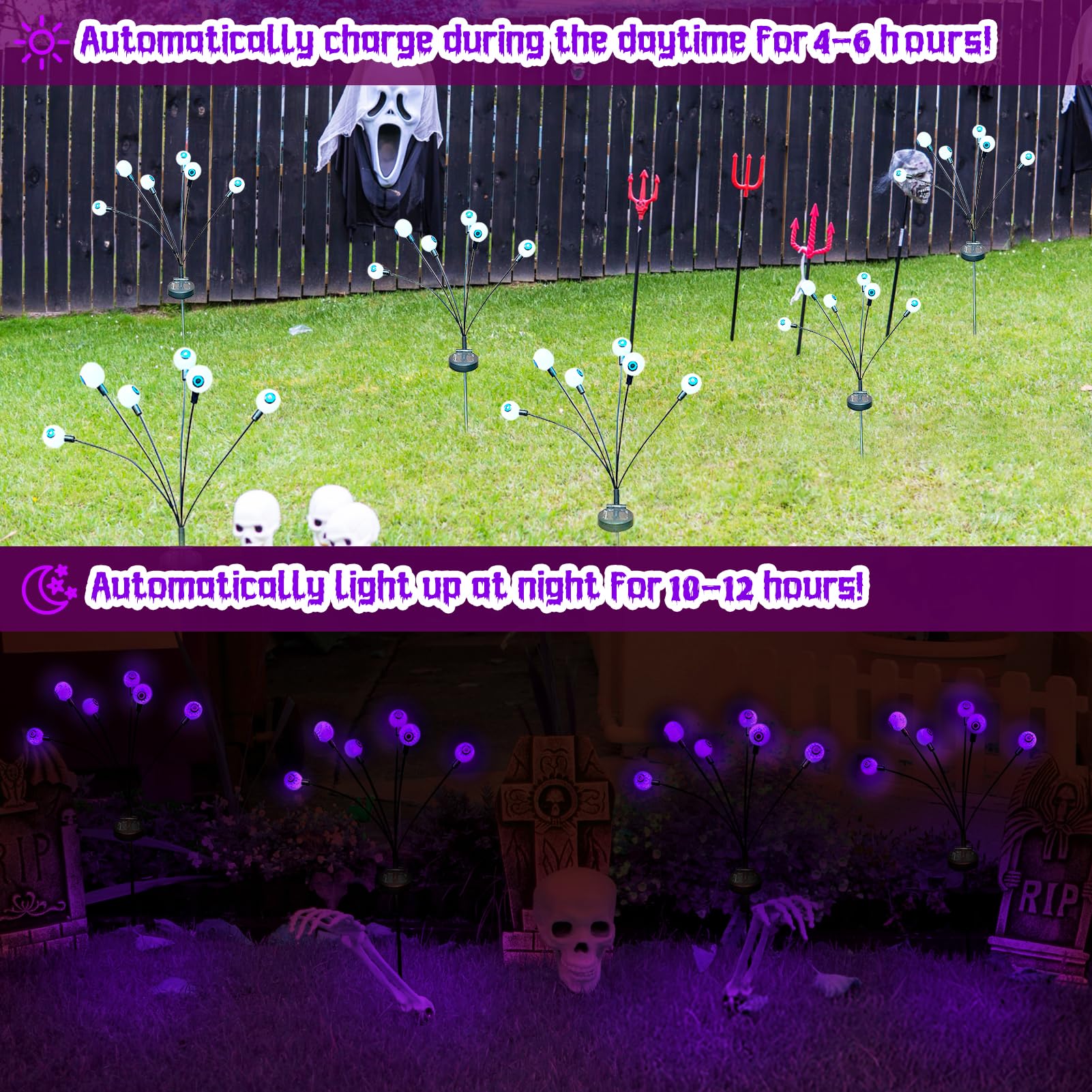 Aaovefox 12 Led Solar Halloween Eyeball Lights - Purple, Waterproof, 2 Pack Outdoor Decor