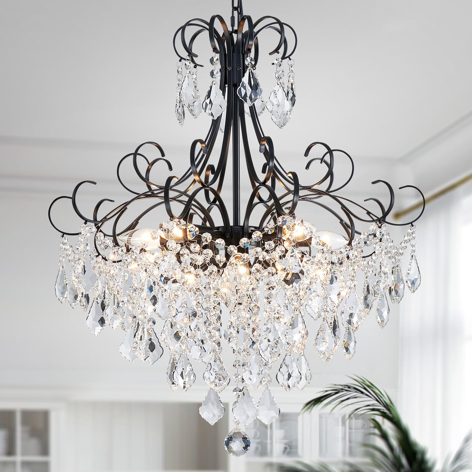WUZUPS Crystal Chandelier Pendant Light 10-Light E12 Base Metal 27.6in H x 22.8in W Black CAHD30502B