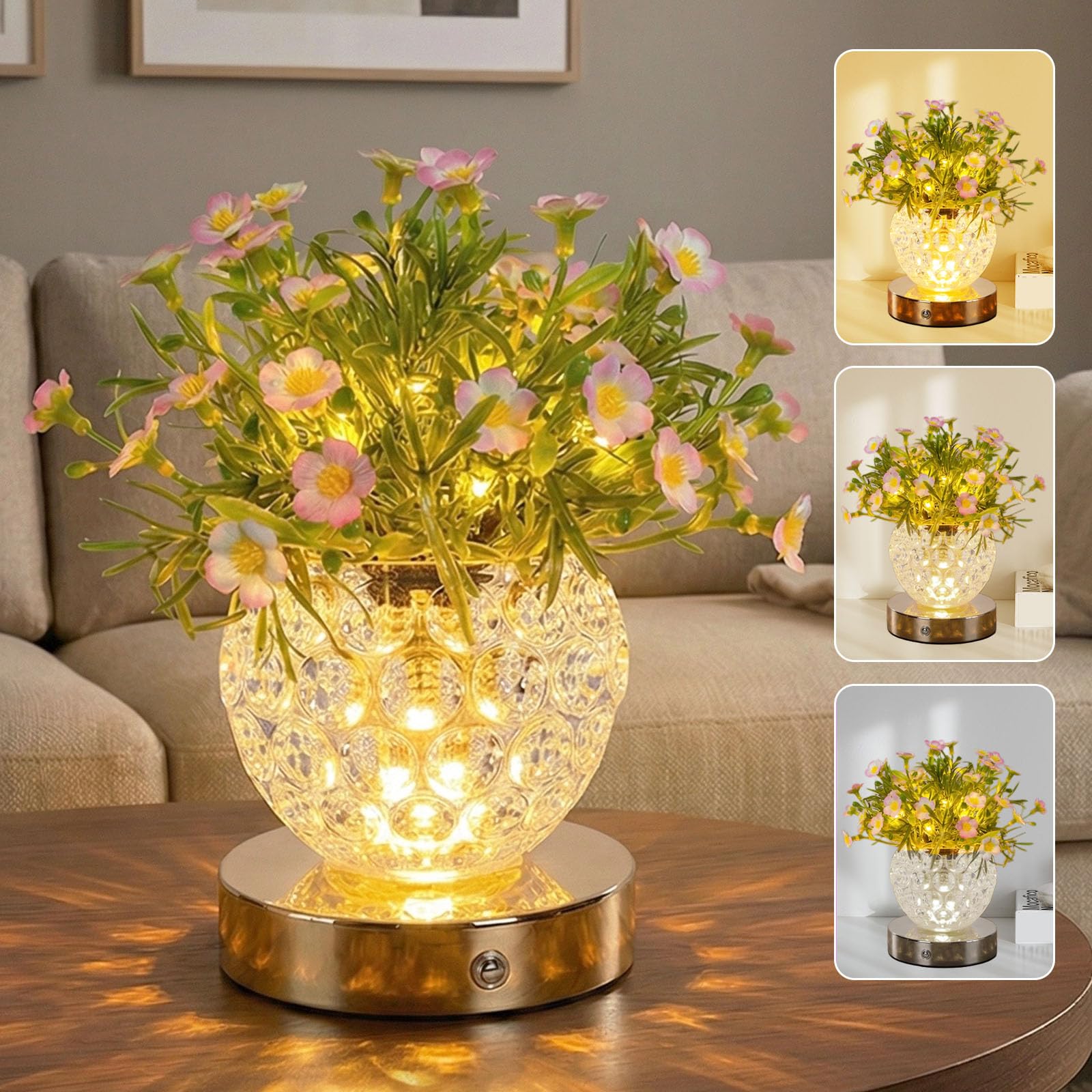 Strackvial Flower Table Lamp, 3 Colors Touch Dimming Daisy Night Light, Rechargeable Artificial Flower Light, LED Flower with Va
