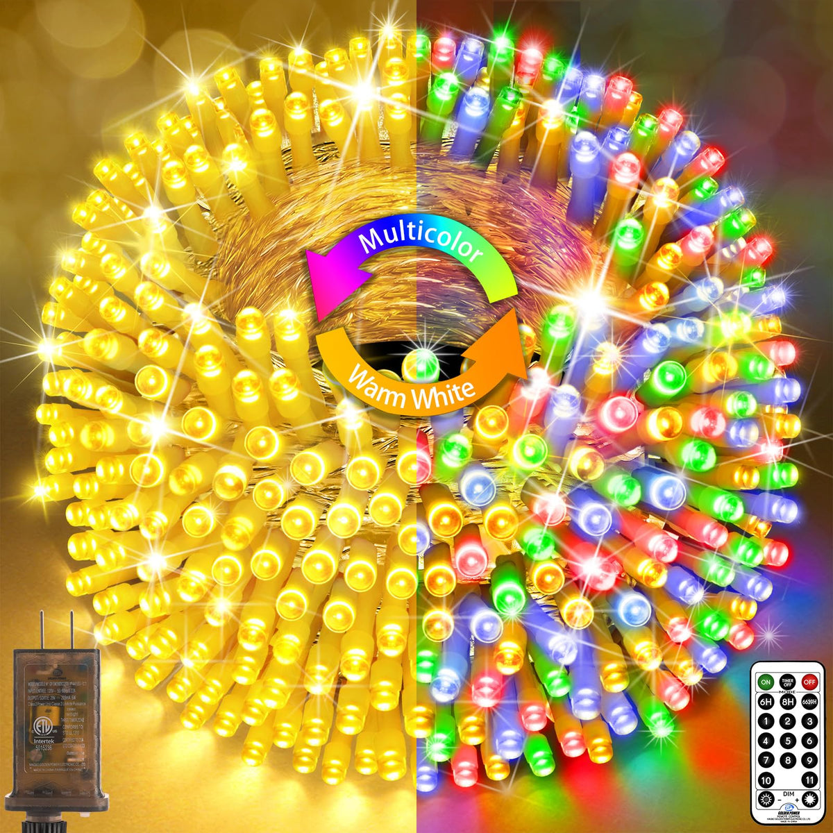 Sauirs 403Ft 1000 Led Christmas String Lights, Waterproof, 8 Modes, Warm White To Multicolor