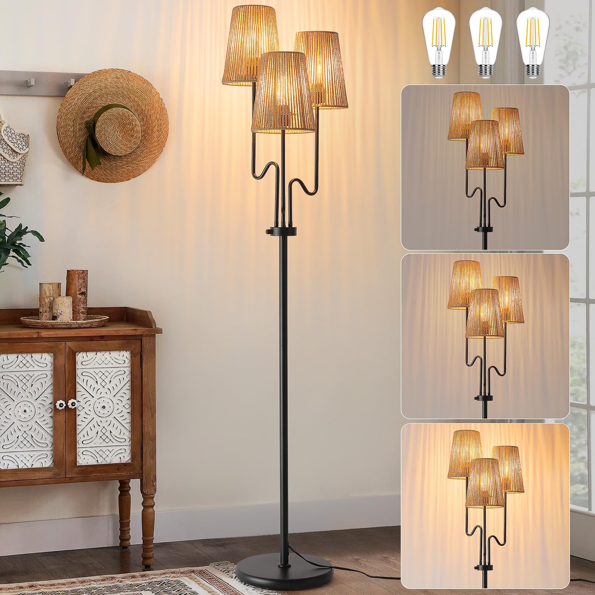 Dimmable Floor Lamp, 68in. Boho Floor Lamps with Natural Shade, 3-Light Tree Lamp for Coastal, Beach or Bohemian Style Decor, E2