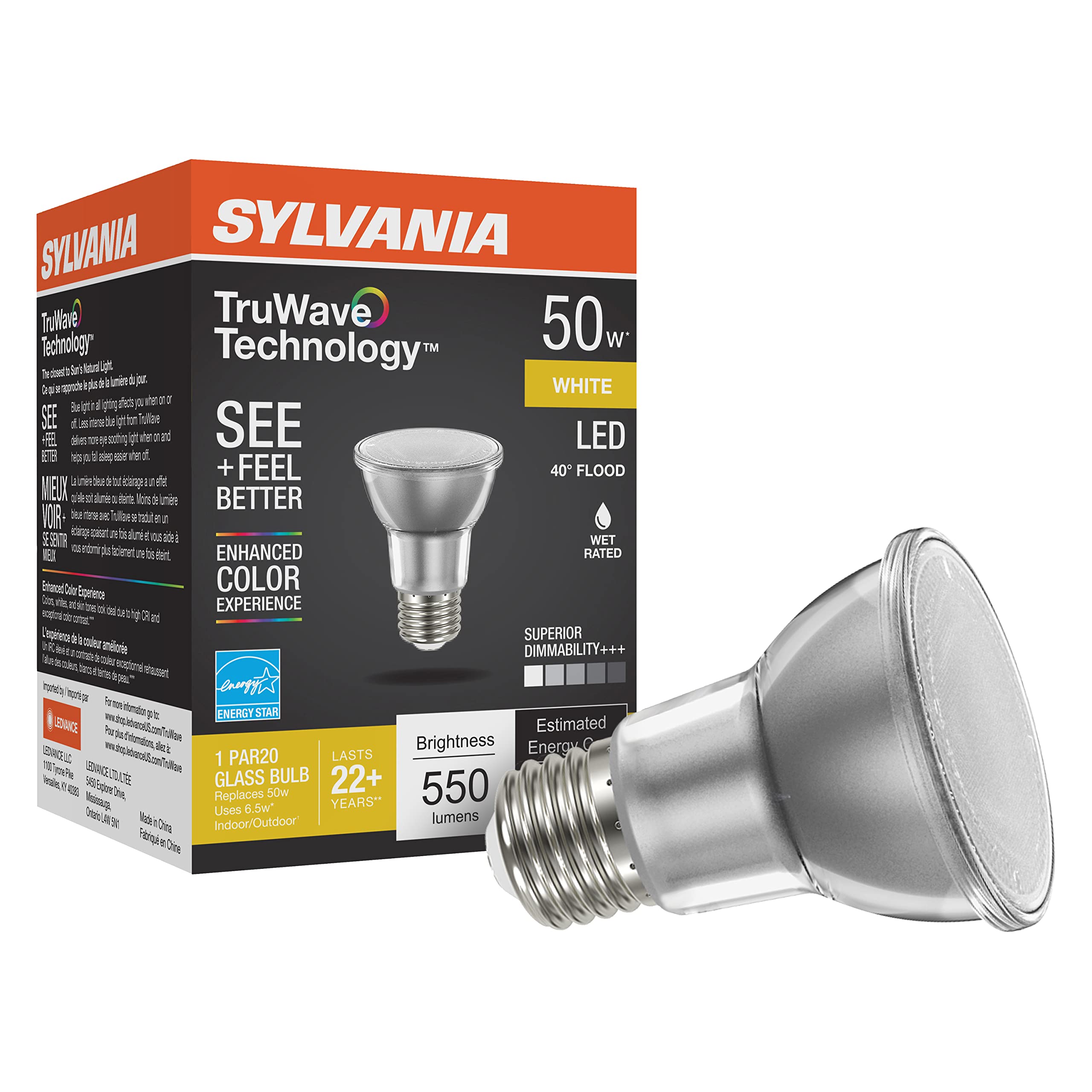 Sylvania Led Truwave Natural Series Par20 Light Bulb, 50W Equivalent, Efficient 6W, Medium Base, Dimmable, 3000K, White - 1 Pack