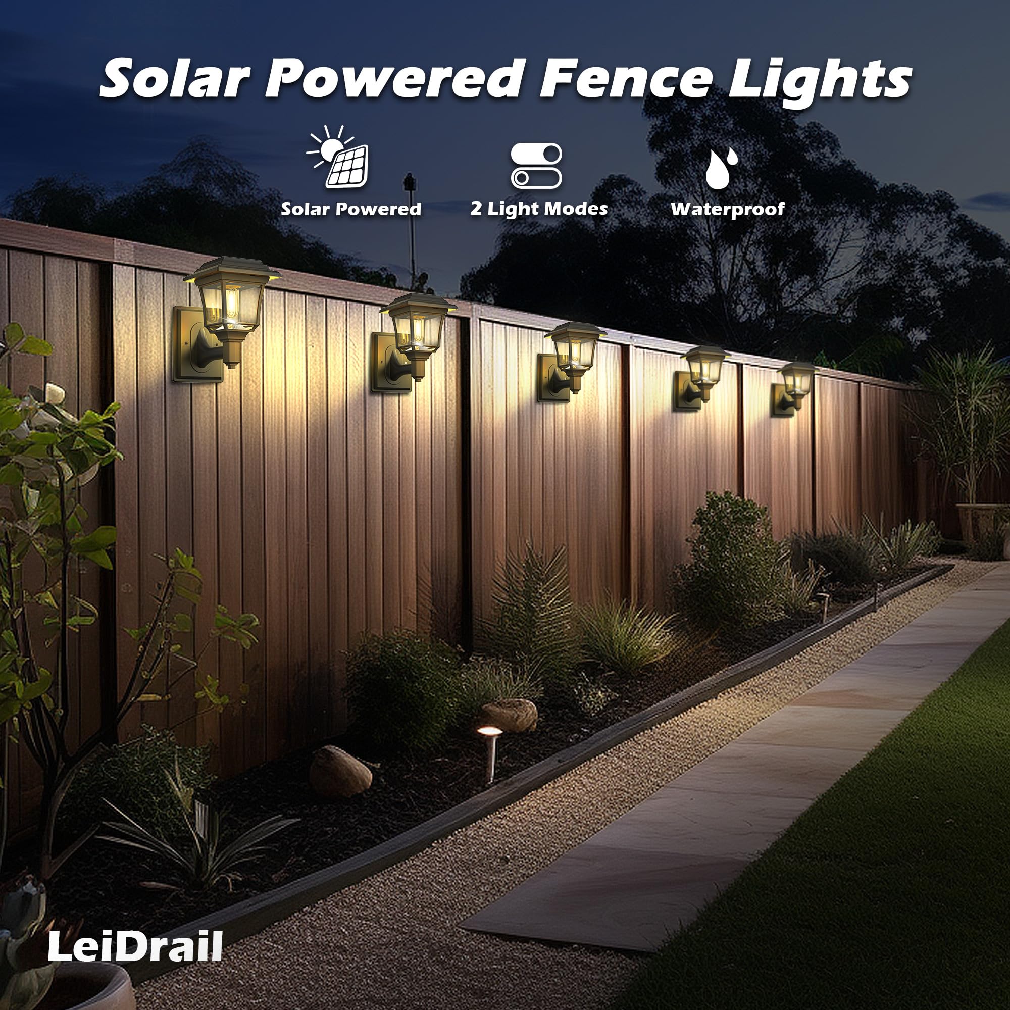 LeiDrail Solar Fence Lights, Edison Bulb, Waterproof LED, Warm/Cold White, 4 Pack, Black