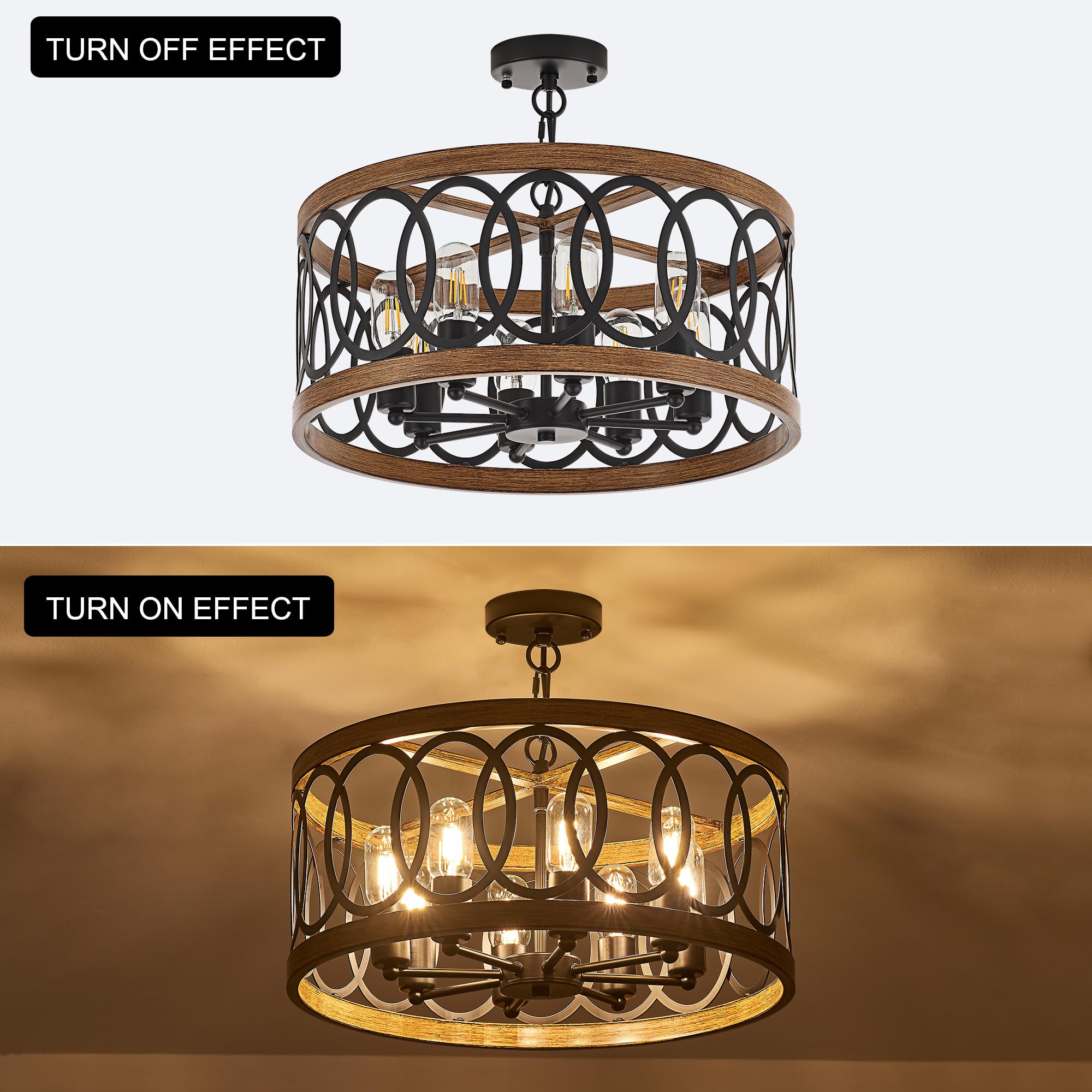 Faibra 8-Light Farmhouse Drum Pendant Light,19.68'' Nature Wood Texture Vintage Rustic Chandeliers Black Metal Industrial Hangin