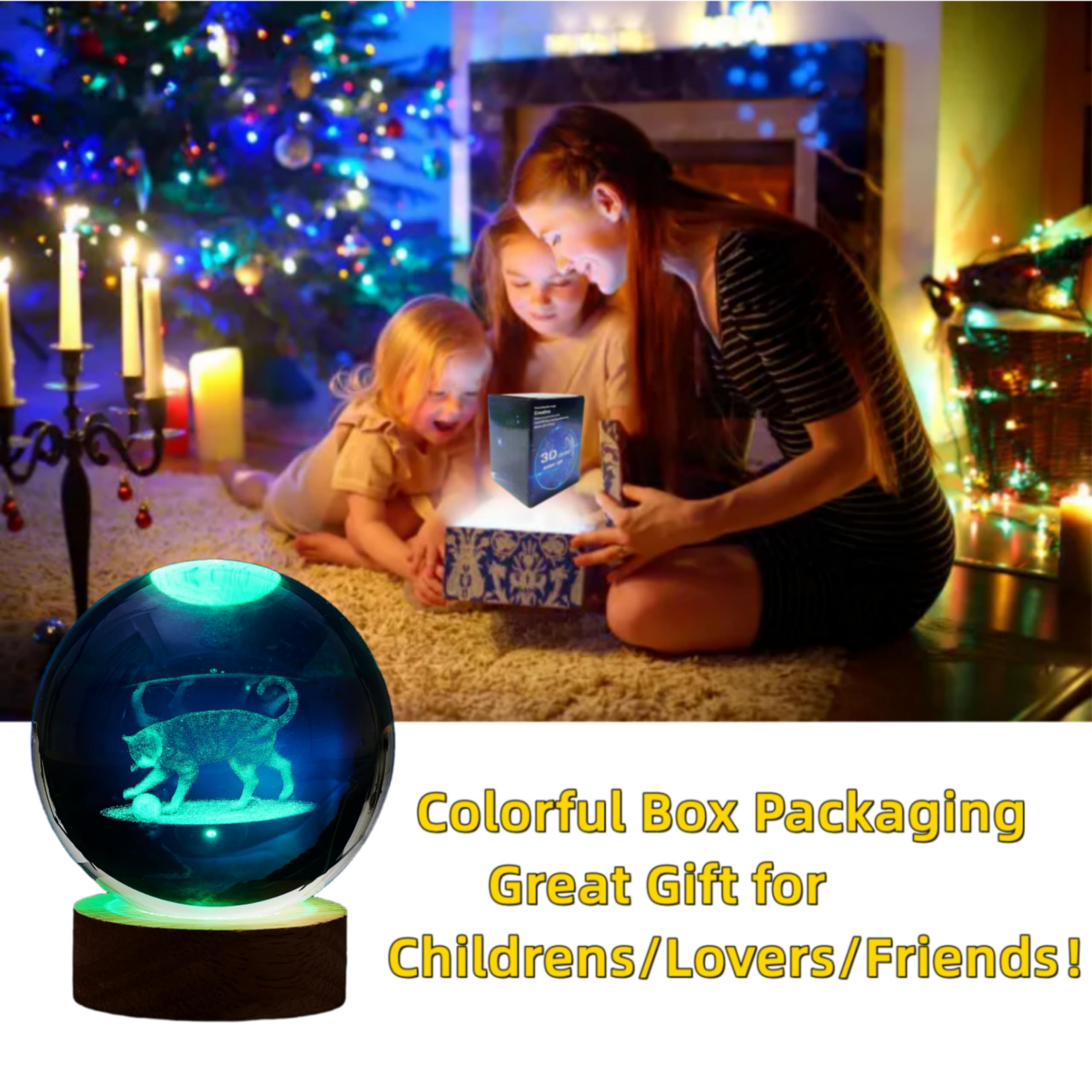 3D Cat Crystal Ball Lamp,Lifelike 3D Led Cat Night Light,16 Colors Changing Light,Dimmable Remote Control,Cat Lamp Gfit (Cat)