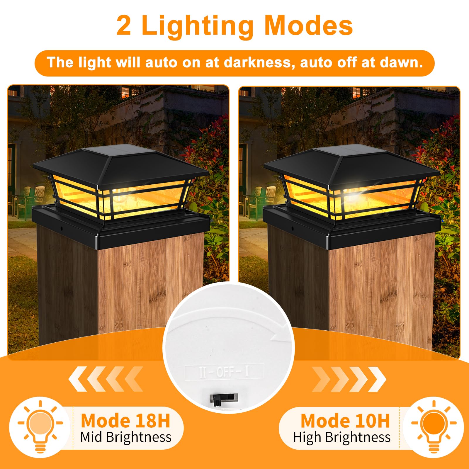 Kipeini Solar Post Cap Lights 2 Pack - Waterproof Led For 4X4, 5X5 Posts, Black, Warm Bright Bulb, 2 Brightness Settings