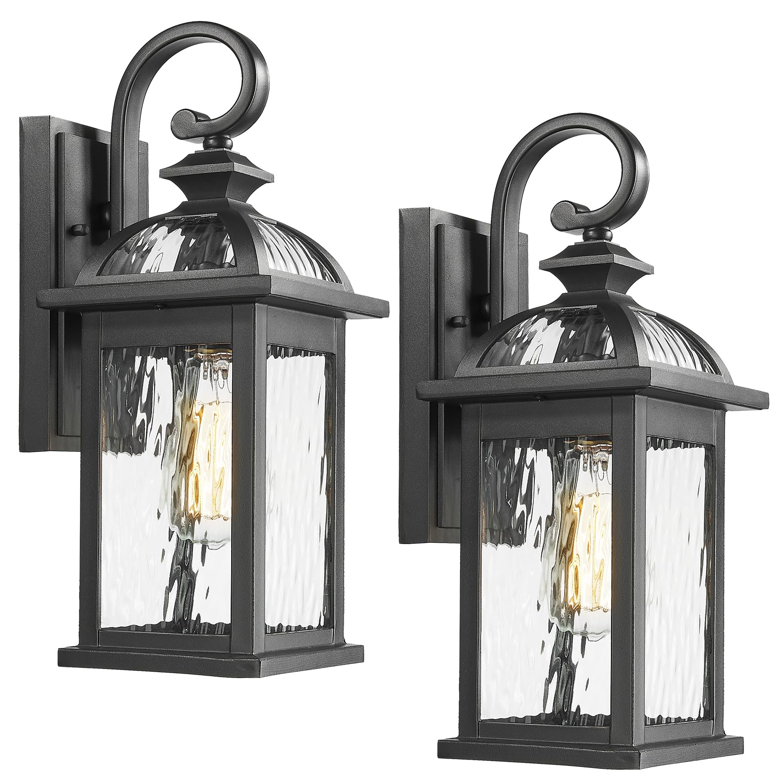Darkaway Outdoor Wall Light Fixture, Waterproof Black Sconce with Water Ripple Glass, 15in Size, 2 Pack, Model 6D5B-2PK BK+SW