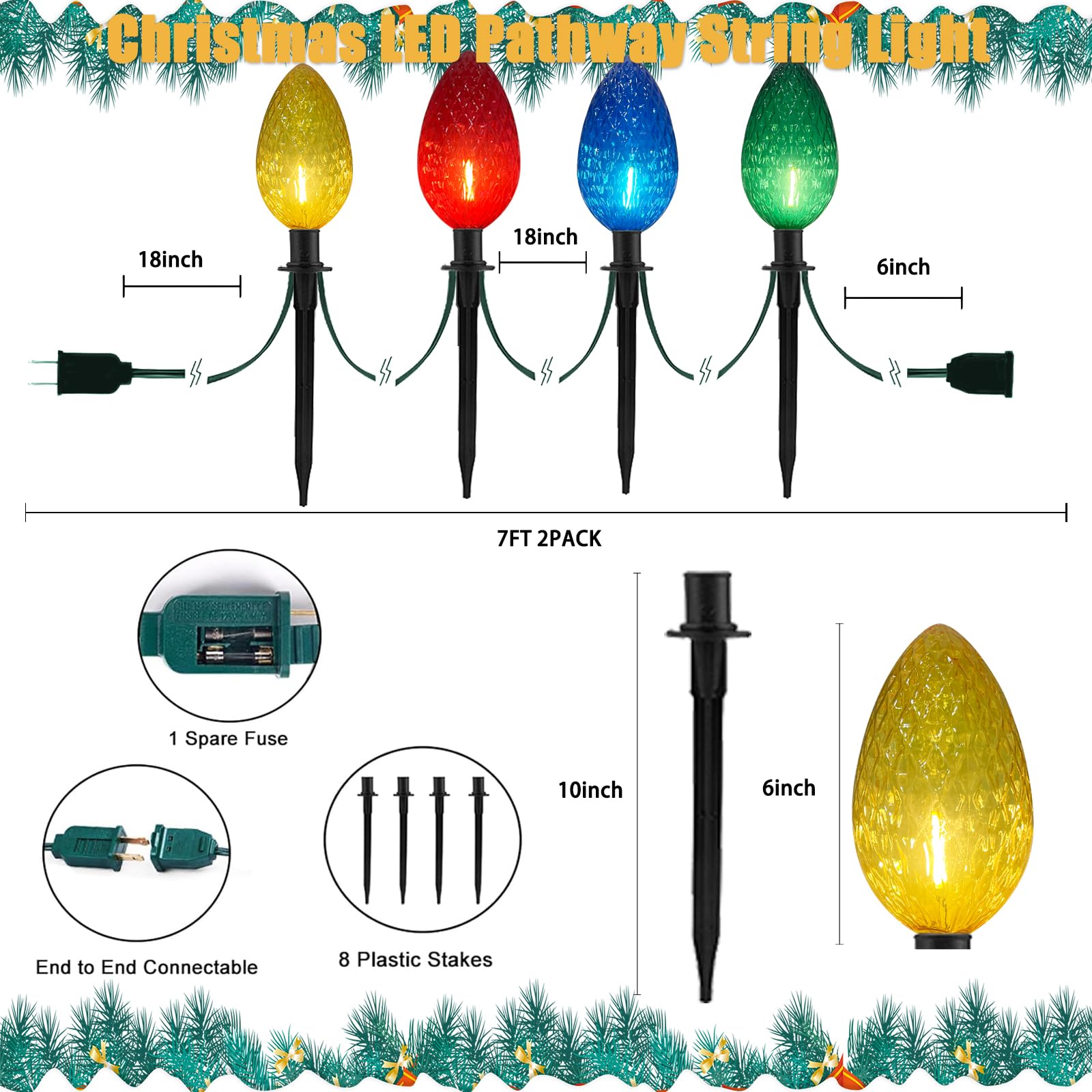 2 Pack Jumbo C9 Christmas Pathway String Lights Outdoor, Total 14 Feet Christmas Walkway Lights Waterproof With 8 Led C9 Jumbo M