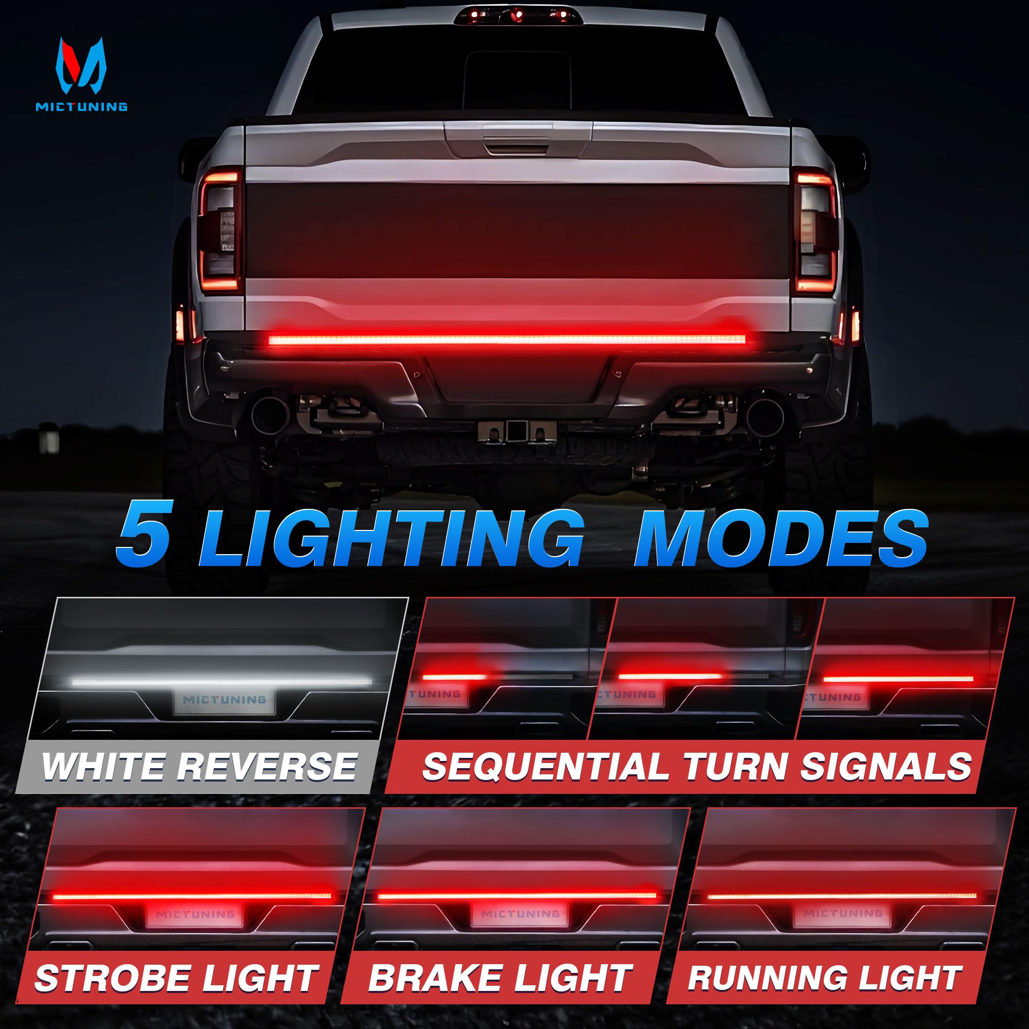 MICTUNING 48" Truck Tailgate Light Strip - Red LED, IP67 Waterproof, Sequential Turn Signal, Strobe & White Reverse Lighting