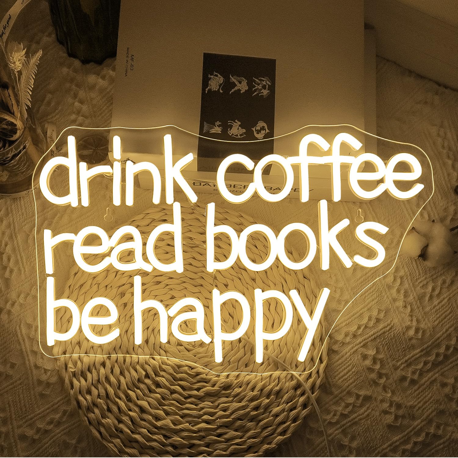 Looklight Neon Sign - Drink Coffee Read Books, Warm White LED Light for Wall Decor, USB Dimmable, Coffee Book Color