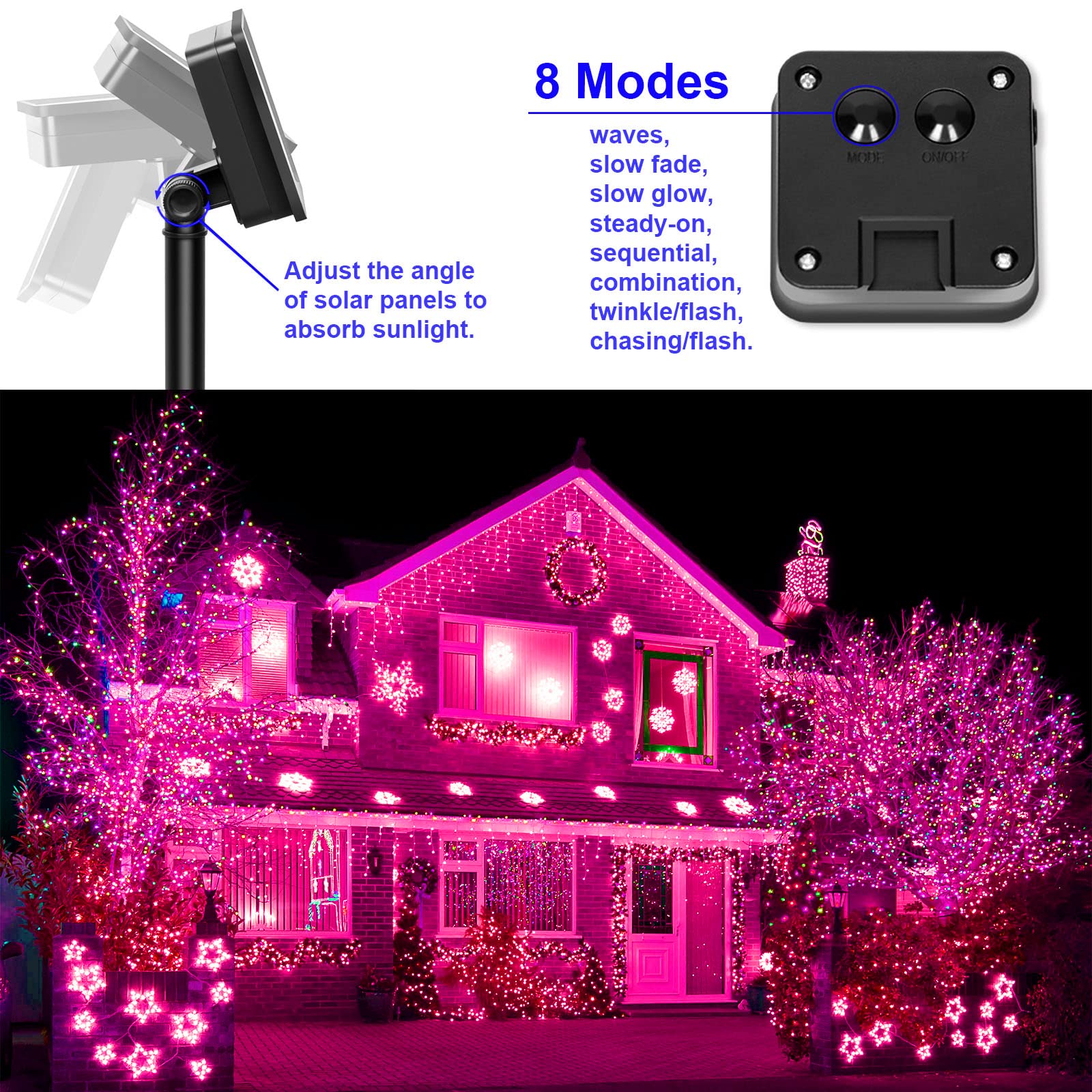 Yaozhou Solar Christmas String Lights Pink Outdoor Waterproof 100 Led(2 Pack) 8 Modes Copper String Lights Fairy Lights For Valentine'S Day Garden, Patio, Fence, Balcony, Outdoors(Pink 2Pcs