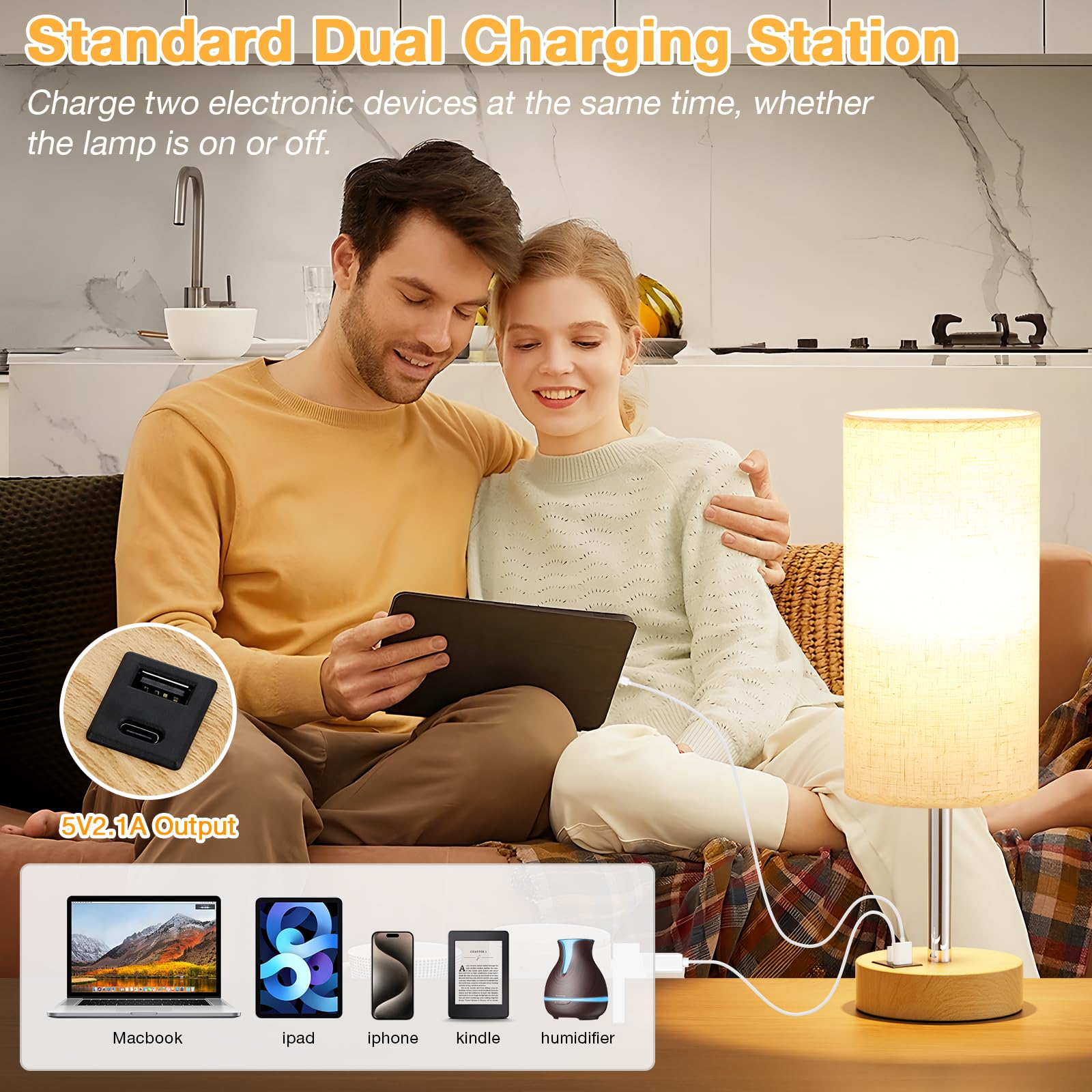 Touch Bedside Lamps Set Of 2-3 Way Dimmable Table Lamps For Bedroom, Nightstand Lamp With Wooden Charging Station For Kids Room