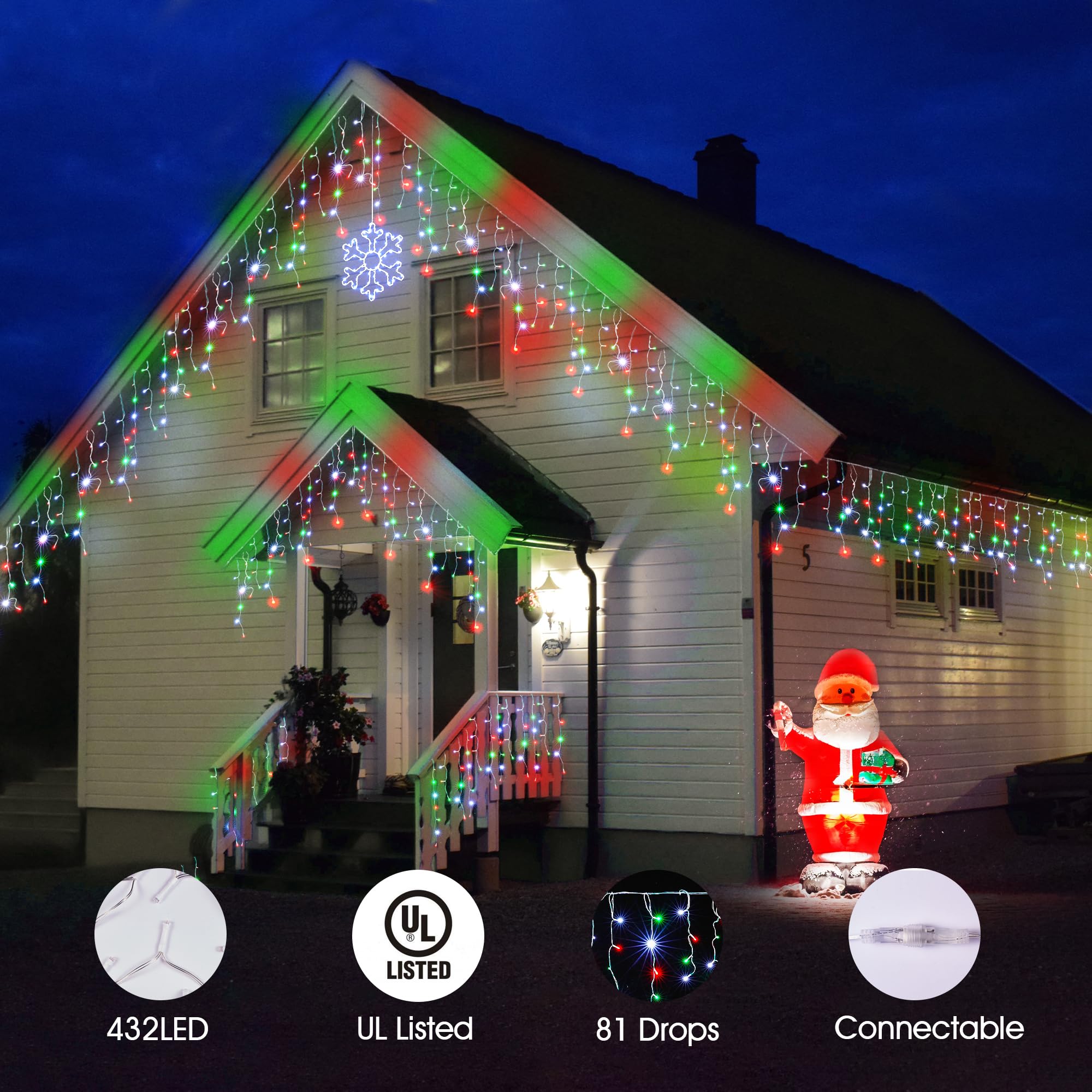 WBao Icicle Lights Outdoor, 432 LED, 33FT, Remote Control, 8 Modes, Waterproof, Red Green White