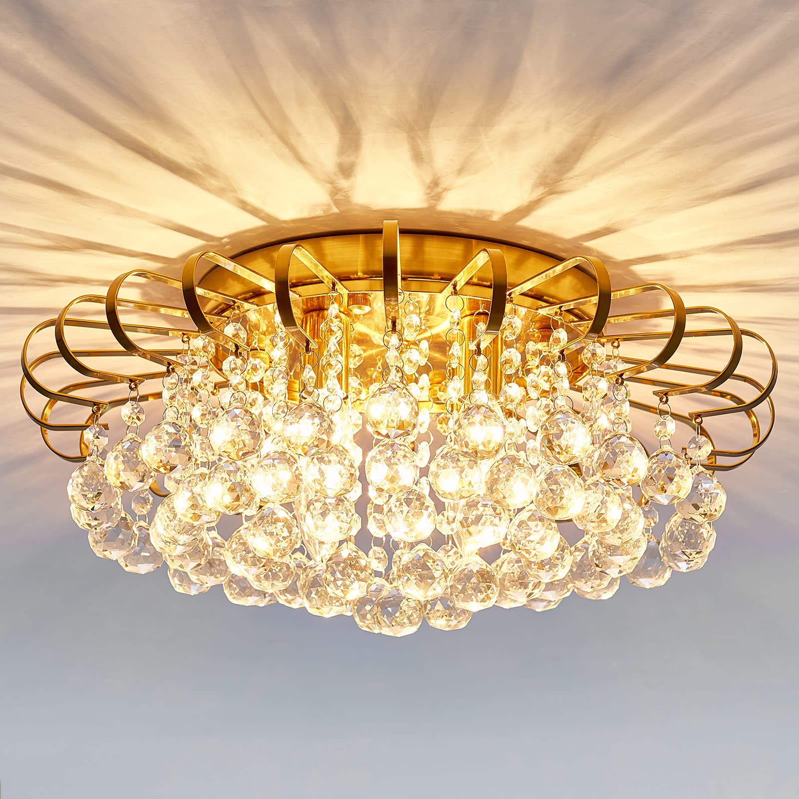 CVKASH 4-Lights Crystal Chandelier Modern Semi Flush Mount Ceiling Light Fixture Ceiling Lighting for Living Room Hallway Dining