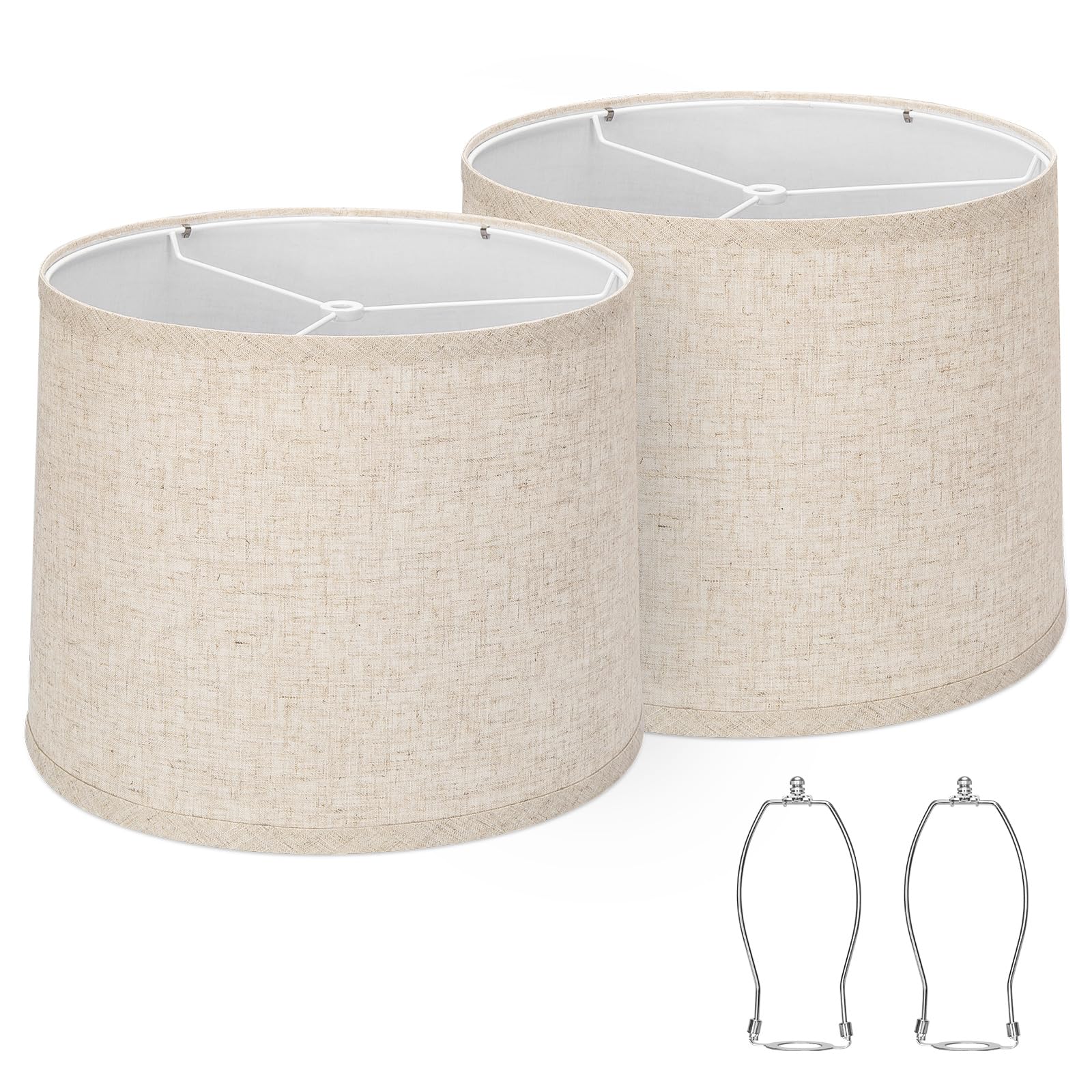 Seaside Village Drum Lampshades Set of 2, Beige Natural Linen, 11.6in Top x 12.6in Bottom x 9.8in High, Model 2P