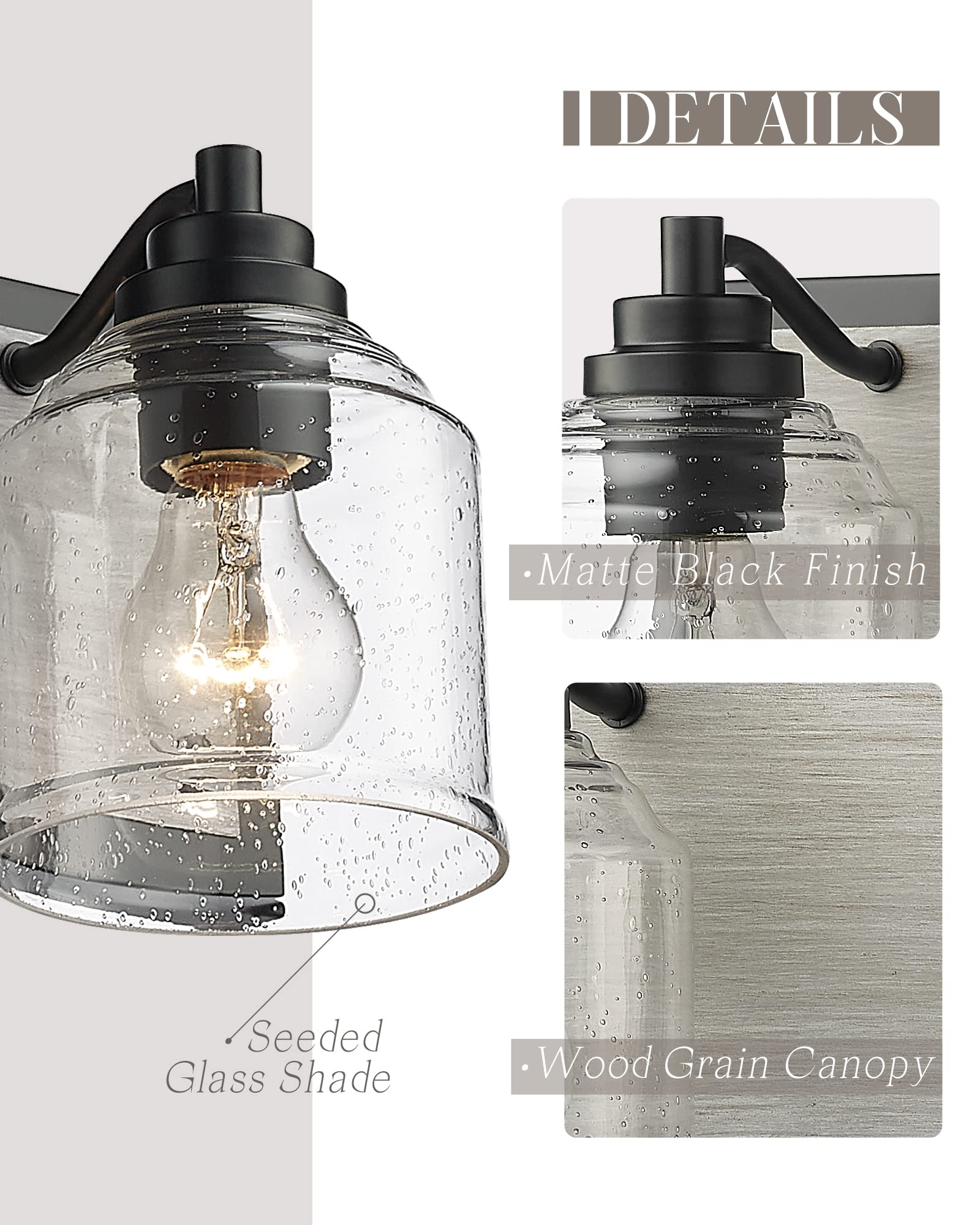 23" Large Farmhouse Bathroom Vanity Light,Handmade Grey Wood Vanity Light With Bubble Glass Shades,3-Light Rustic Wall Sconce Lighting Fixtures Over Mirror, Bd005-3-Bk