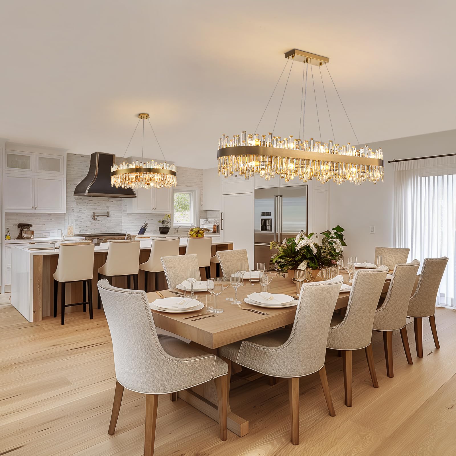 Siljoy Modern Crystal Chandeliers, Brushed Gold Rectangle Crystal Chandelier Light Fixture, Luxury Raindrop Pendant Ceiling Ligh