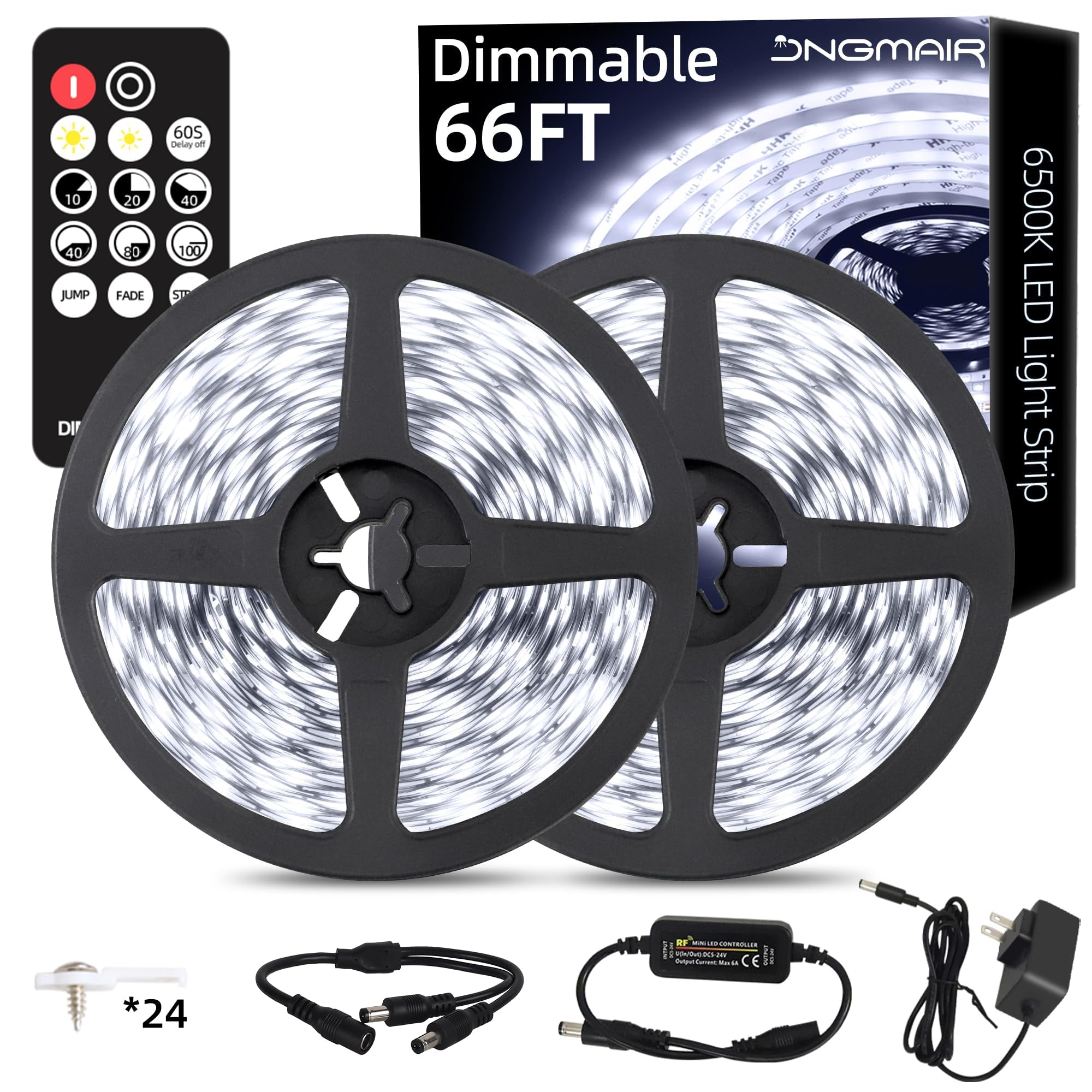 JNGMAIR 66ft LED Band Lights with Remote  6500K Daylight White Dimmable Tape Lights  12V 1200 LEDs 2835 Strong Adhesive Rope Lights for Cabinet Kitchen Ceiling Closet Vanity Mirror Stairway Basement